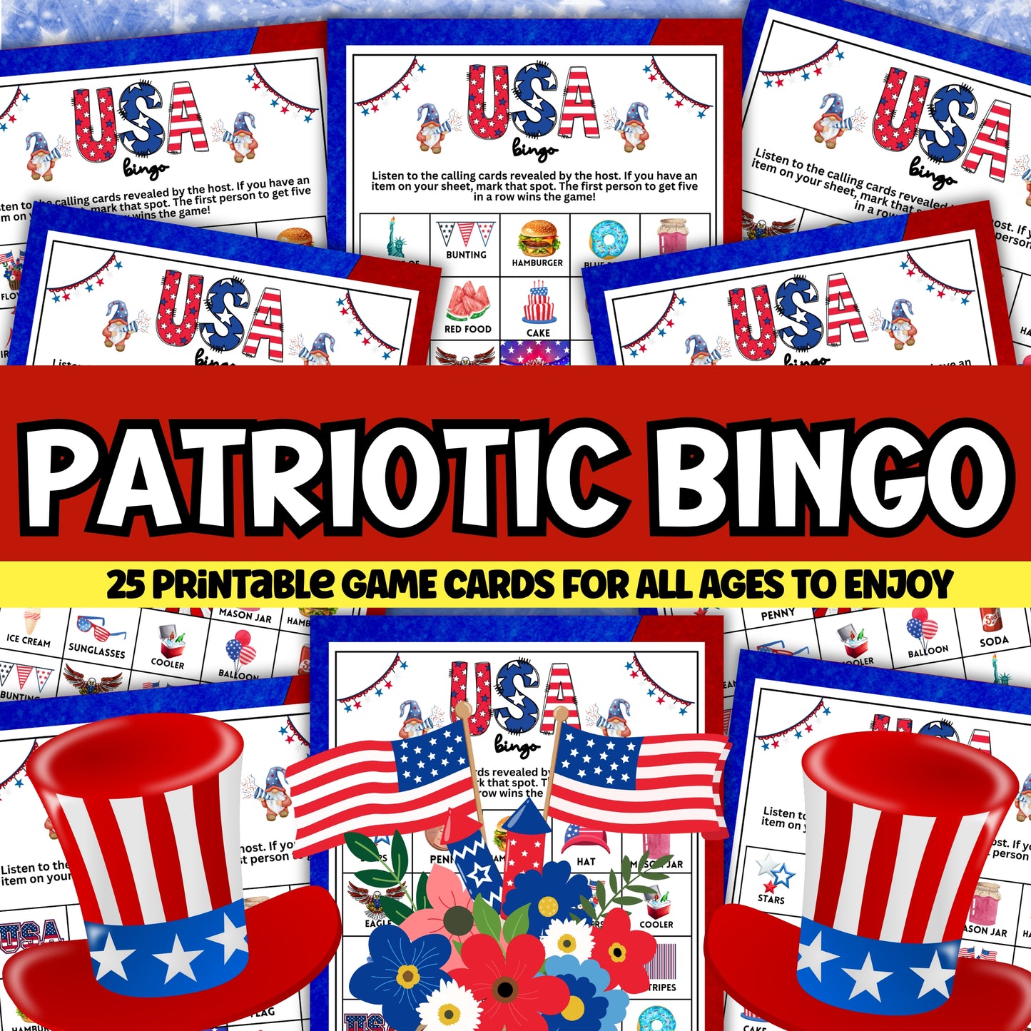 Patriotic BINGO Game - Fun for Labor Day, Memorial Day, Fourth of July, and More!  Looking for a festive, colorful, and fun activity for your patriotic celebrations, family gatherings, or community events? This delightful "Patriotic BINGO" game from Party Prints Press is just what you need!