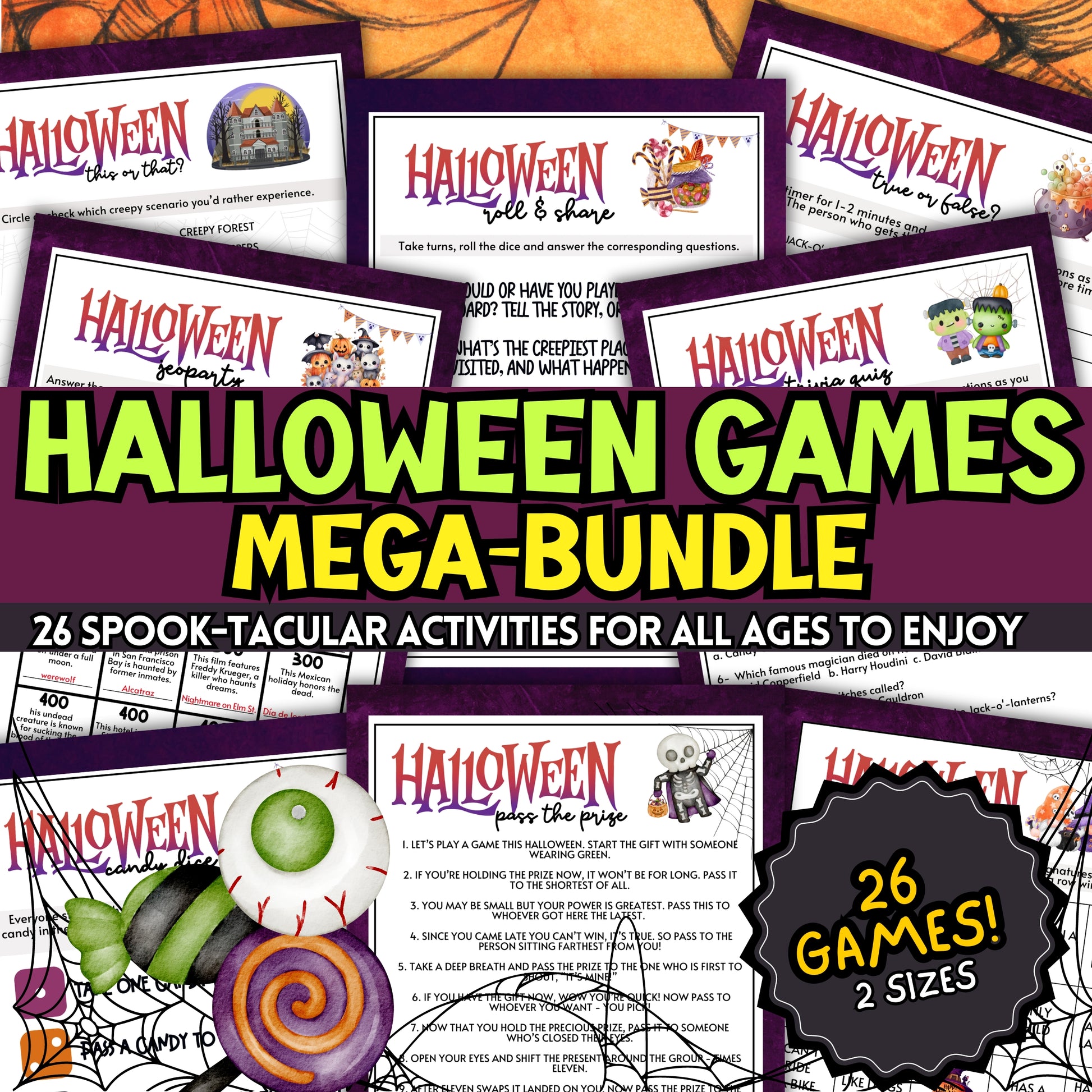 This MEGA bundle of 26 Halloween-themed games from Party Prints Press is perfect for any Halloween Party, whether you're planning a spooky soirée for kids, an icebreaker activity for the office, or a fun family-friendly event at home.