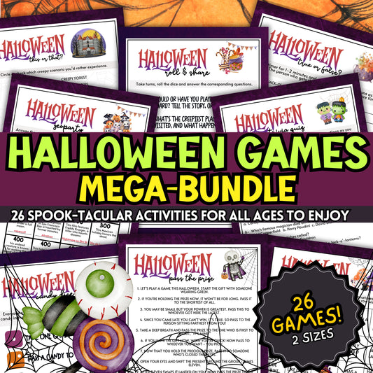 This MEGA bundle of 26 Halloween-themed games from Party Prints Press is perfect for any Halloween Party, whether you're planning a spooky soirée for kids, an icebreaker activity for the office, or a fun family-friendly event at home.