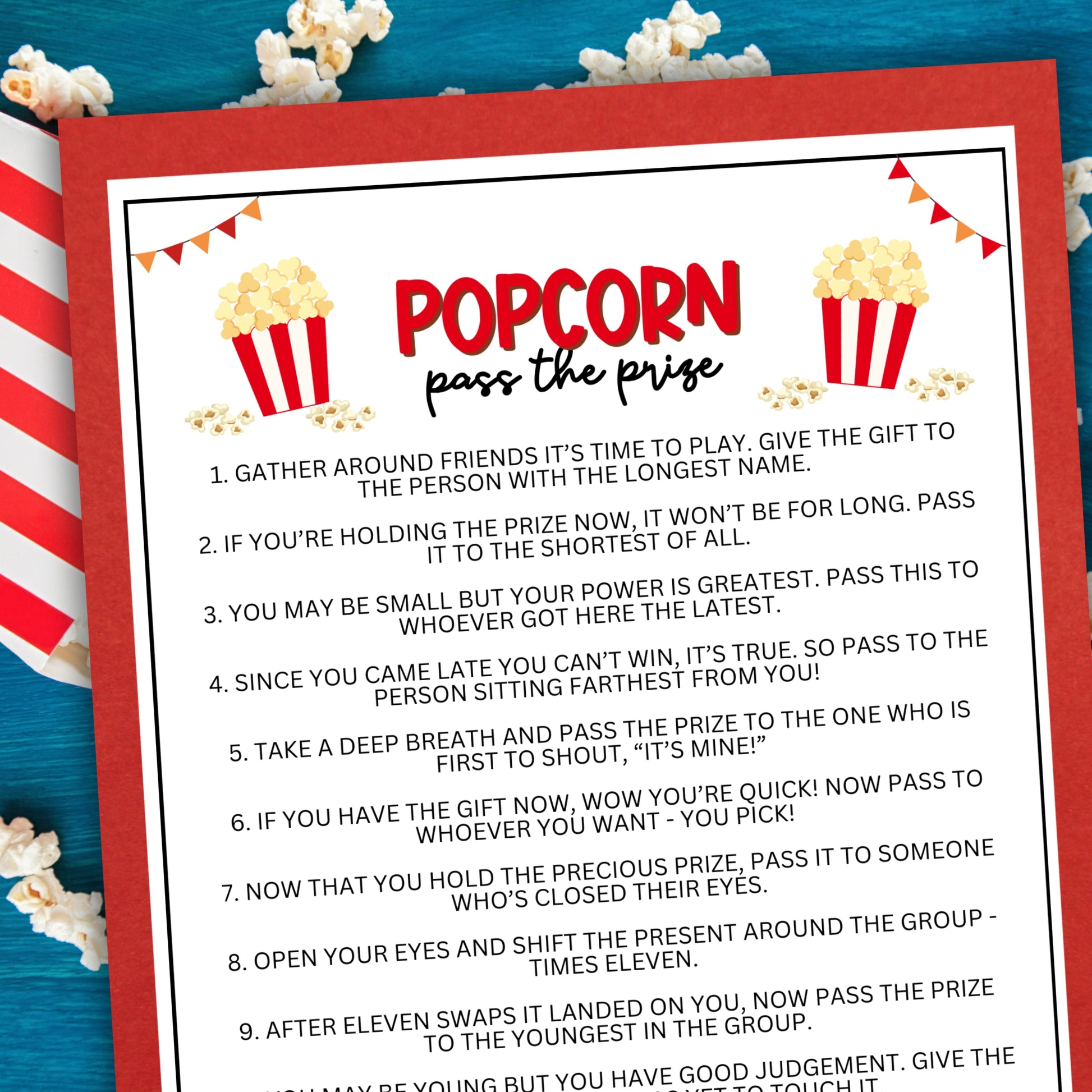 Are you looking for a unique and entertaining activity to add to your upcoming popcorn-themed birthday party, bridal shower, baby shower, fundraiser, office party, or other fun event?  If you need a last-minute idea to liven up your celebrations, this exciting Popcorn-Themed Pass the Prize game from Party Prints Press is the perfect addition to your popcorn party or popcorn bar theme!