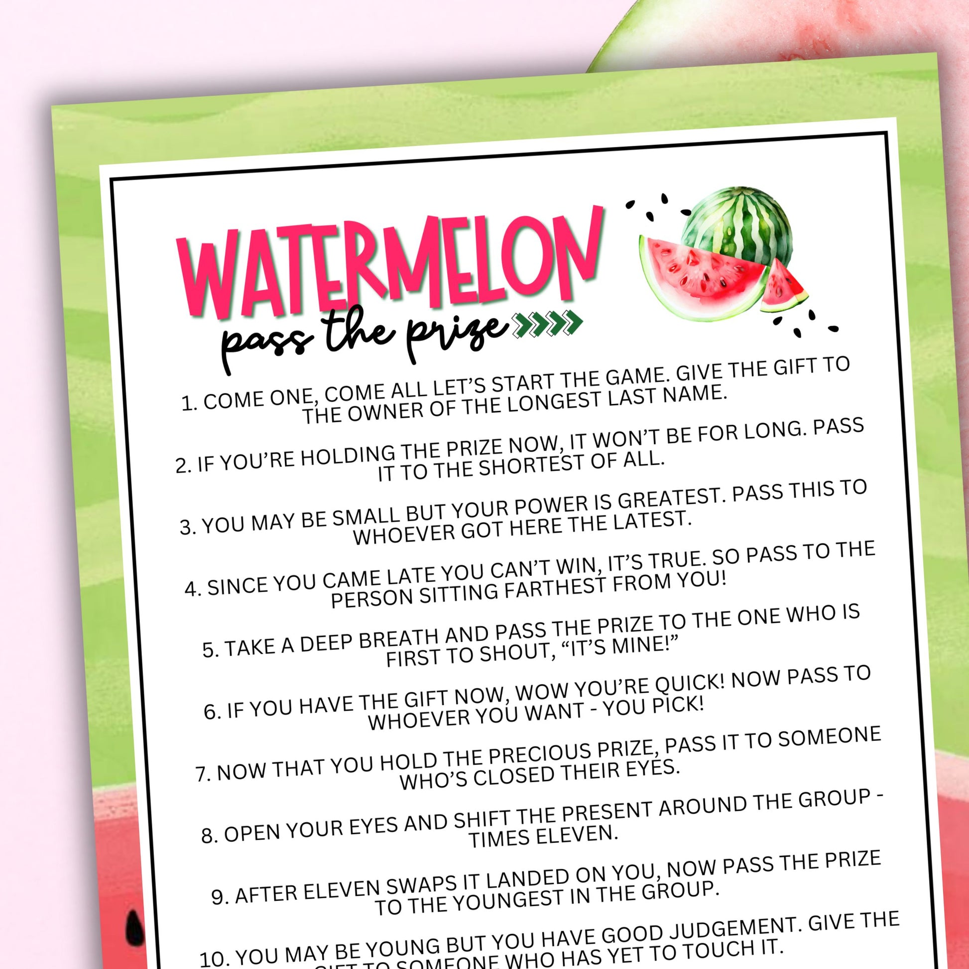 Are you hosting a watermelon-themed event and seeking a fun and engaging activity to get the party started?  Whether you've got kids, teens, adults, and even seniors in your gathering or group, this fun Pass The Prize game from Party Prints Press is just what you need to make your special occasion one to remember!