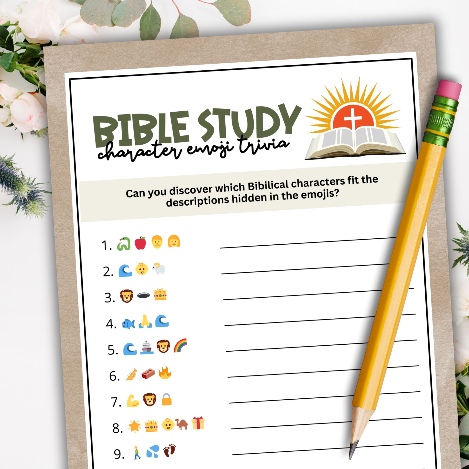 printable bible study character emoji trivia games on a white floral background