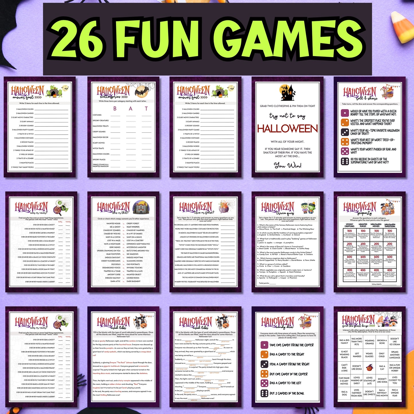 Halloween Game Bundle For Tweens Teens Kids Adults School Classroom Office Party Icebreaker Family Friendly Indoor Spooky Printable PDF Fun