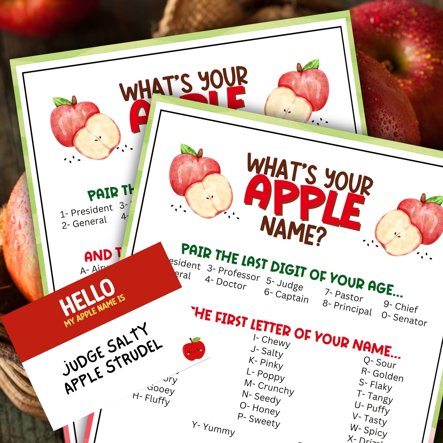 Whether you're setting up an apple bar at a farmers market, organizing an apple orchard trip, planning an apple-themed prom, or looking for a fun back-to-school activity, the "What's Your Apple Name?" game from Party Prints Press is the perfect pick for your event!