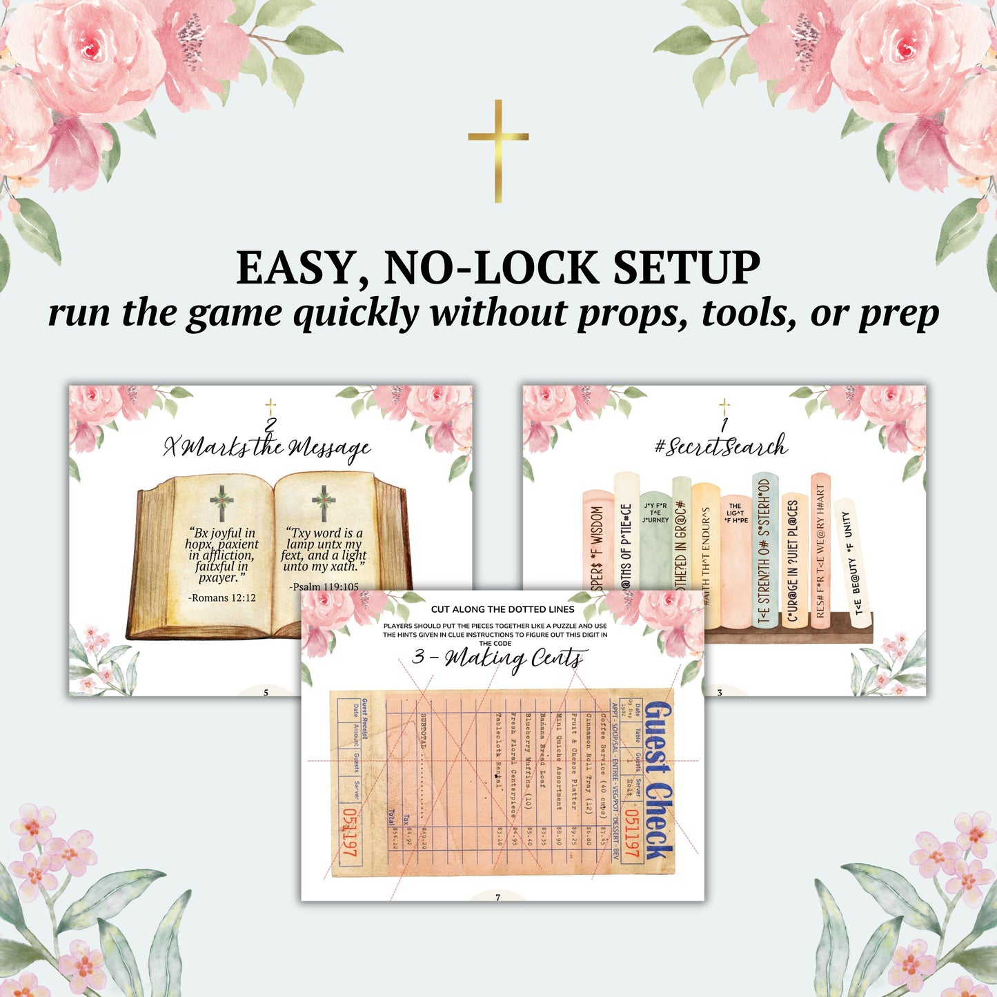 Set of game cards with floral designs and text on a light gray background.