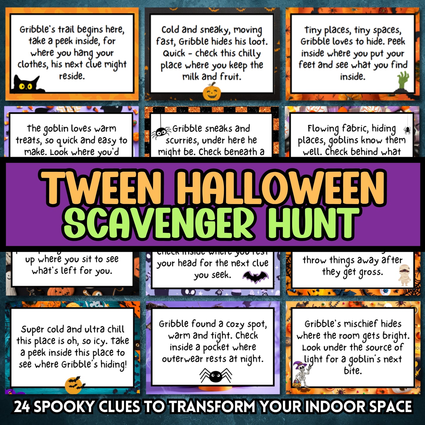 Whether you're hosting a Halloween party, a fundraiser event, or need a classroom resource for teachers, this Halloween Scavenger Hunt is just what you need.  Designed with tweens in mind, younger children can also join in on the fun with some assistance. This interactive game leads players on a thrilling adventure to catch the mischievous, Greedy Goblin named Gribble, who has stolen a bag of magical candies. Players solve spooky riddles to uncover hidden clues and reclaim the stolen treasure.