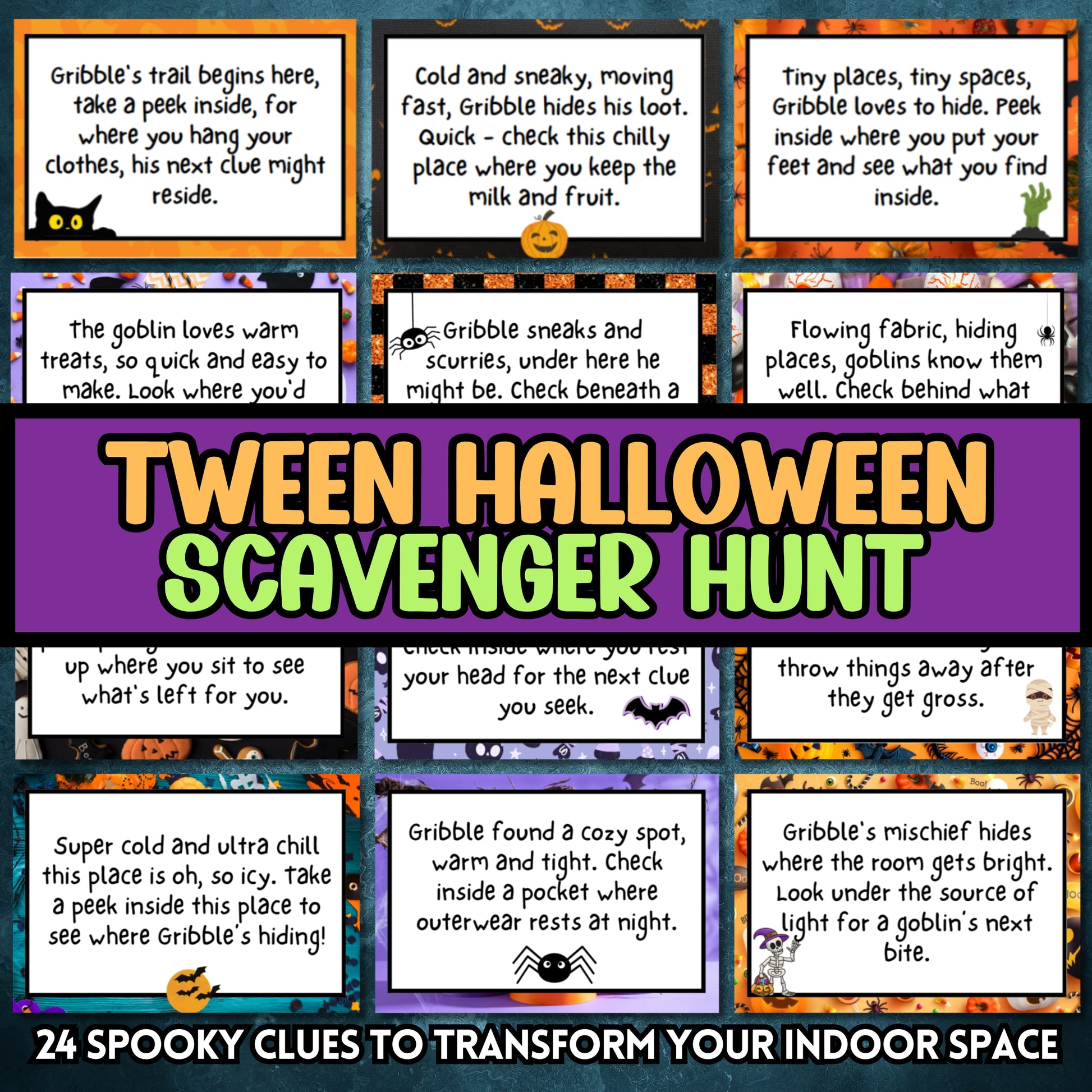 Whether you're hosting a Halloween party, a fundraiser event, or need a classroom resource for teachers, this Halloween Scavenger Hunt is just what you need. Designed with tweens in mind, younger children can also join in on the fun with some assistance. This interactive game leads players on a thrilling adventure to catch the mischievous, Greedy Goblin named Gribble, who has stolen a bag of magical candies. Players solve spooky riddles to uncover hidden clues and reclaim the stolen treasure.