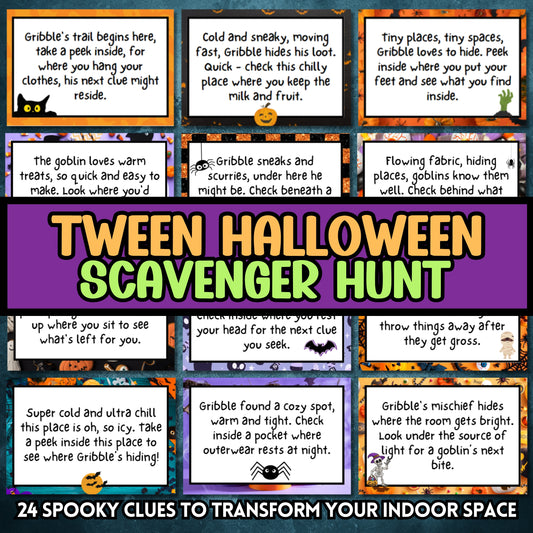 Whether you're hosting a Halloween party, a fundraiser event, or need a classroom resource for teachers, this Halloween Scavenger Hunt is just what you need.  Designed with tweens in mind, younger children can also join in on the fun with some assistance. This interactive game leads players on a thrilling adventure to catch the mischievous, Greedy Goblin named Gribble, who has stolen a bag of magical candies. Players solve spooky riddles to uncover hidden clues and reclaim the stolen treasure.