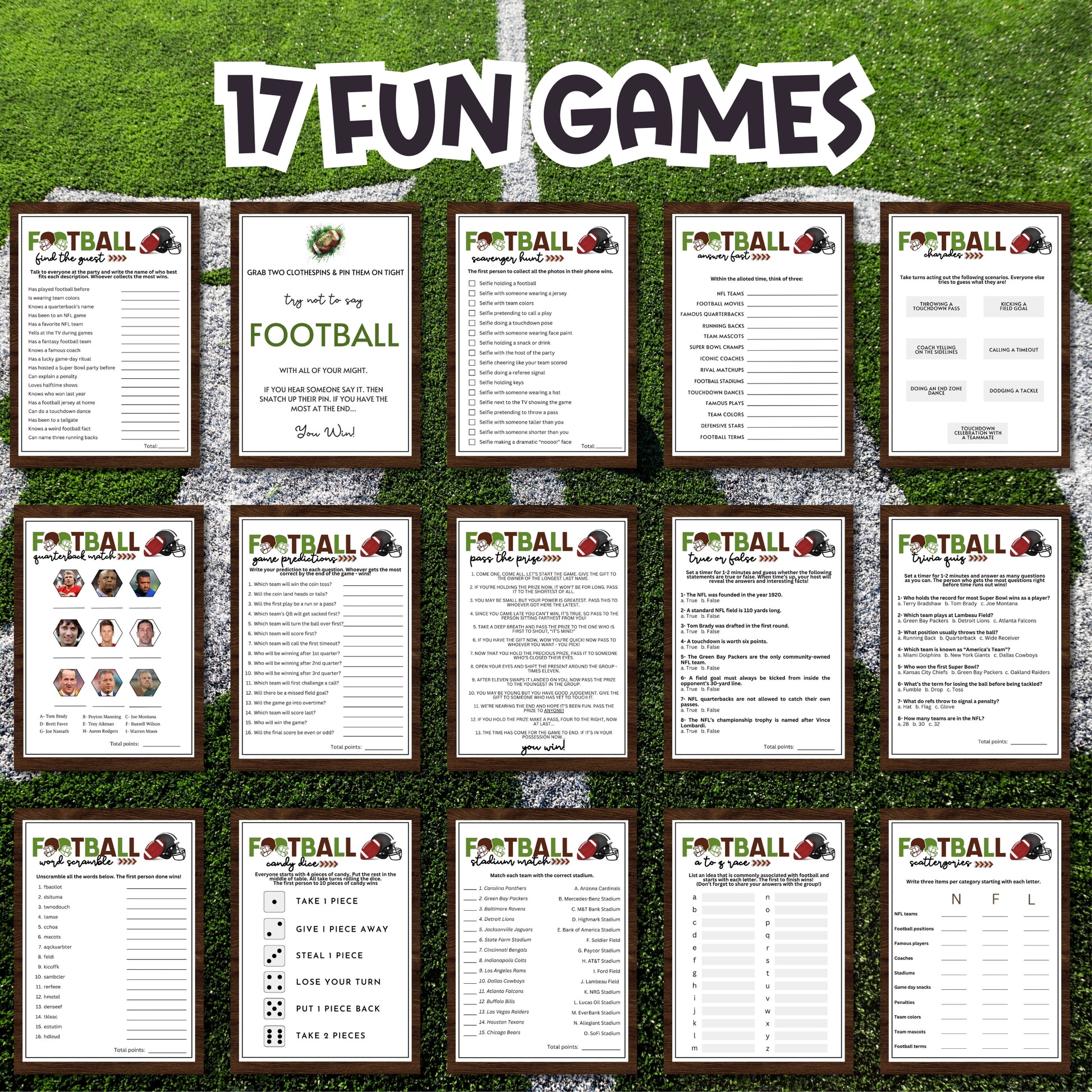 Collection of football-themed games on a grassy background