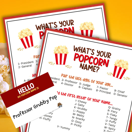 Whether you're hosting a popcorn tasting at a baby shower, setting up a popcorn bar for National Popcorn Day, or just want to add some fun to your office party or fundraiser, the "What's Your Popcorn Name" game from Party Prints Press is the perfect treat!  Ideal for popcorn lovers of all ages, this printable activity is super easy to play.  Guests select key components of their age, name, and birth month, combine the results, and discover their "Popcorn Name!"