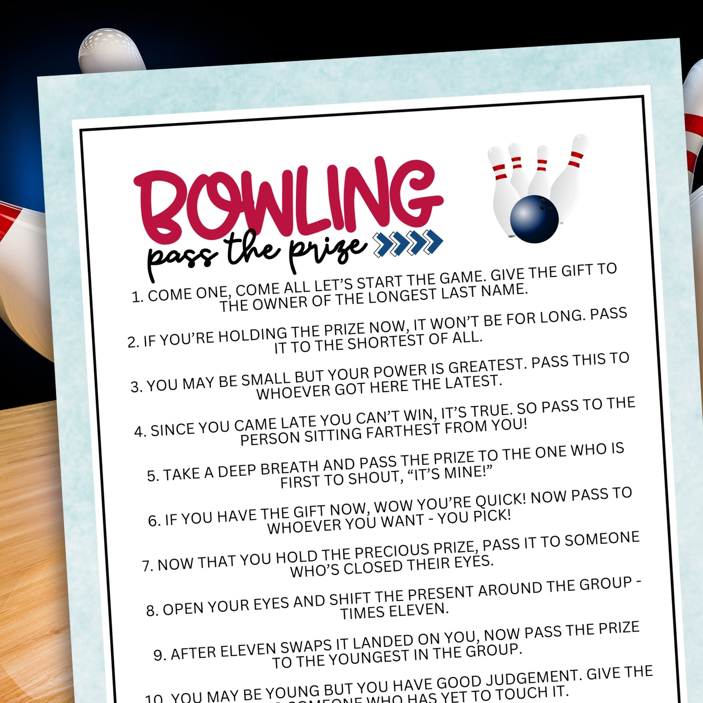 Are you looking for an exciting and interactive activity to get your guests mingling and having a blast at your bowling-themed party, bowling league event, birthday celebration, corporate team building, or any other fun gathering?  Whether you've got kids, teens, adults, and even seniors in your gathering or group, this fun Pass The Prize game from Party Prints Press is just what you need!&nbsp;