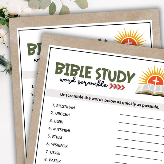 Looking for a cute and fun game to play at your next Bible Study meeting?&nbsp;  This Bible word scramble game from Party Prints Press is just what you need!  Each player receives a game card with a list of scrambled words. Their job is to unscramble the letters as quickly as possible!