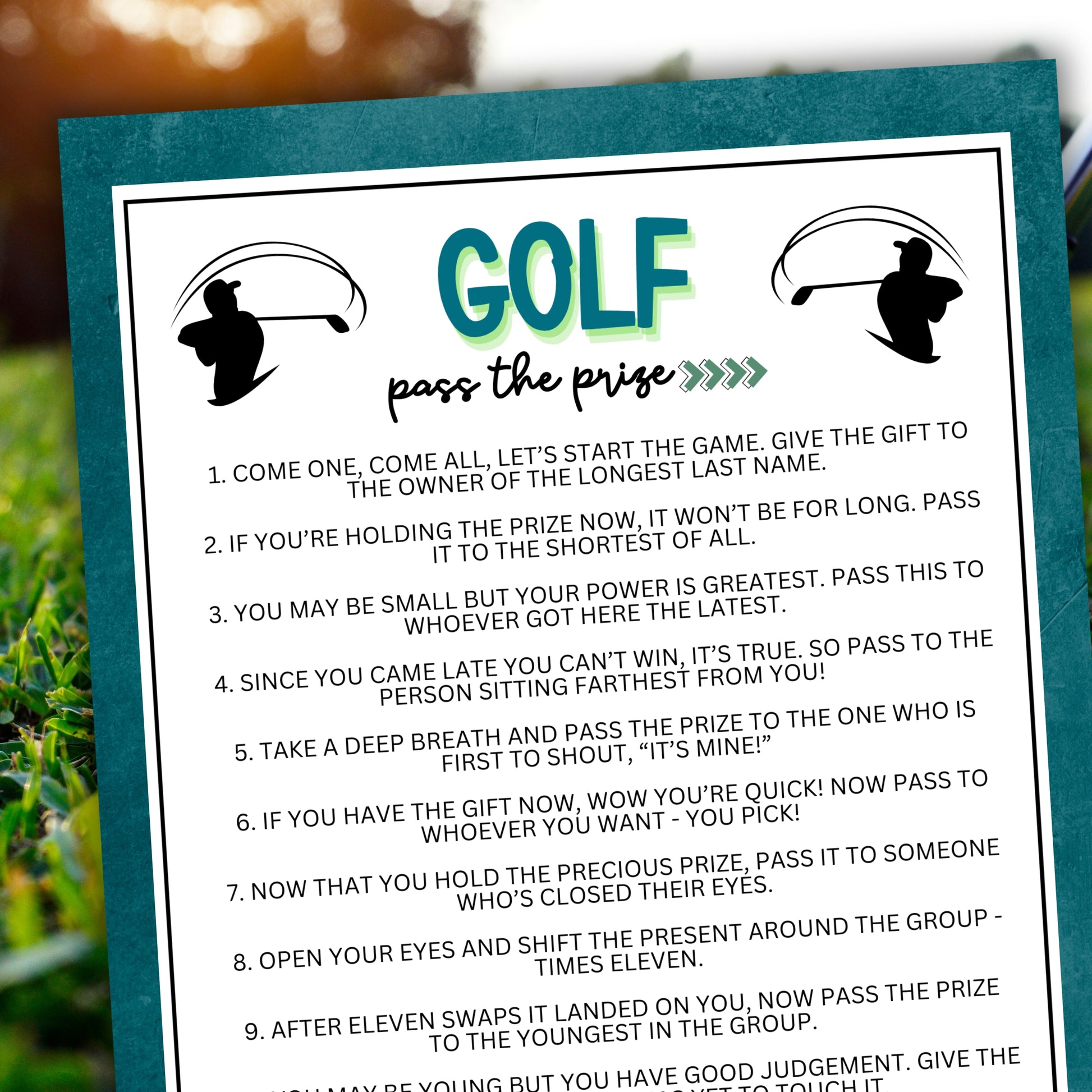 Are you looking for an entertaining and interactive activity to encourage guests to socialize and have a great time at your golf-themed event, golf outing, bachelor party, charity golf event, or other golf-related gathering?  Whether you've got kids, teens, adults, and even seniors in your gathering or group, this fun Pass The Prize game from Party Prints Press is just what you need!&nbsp;