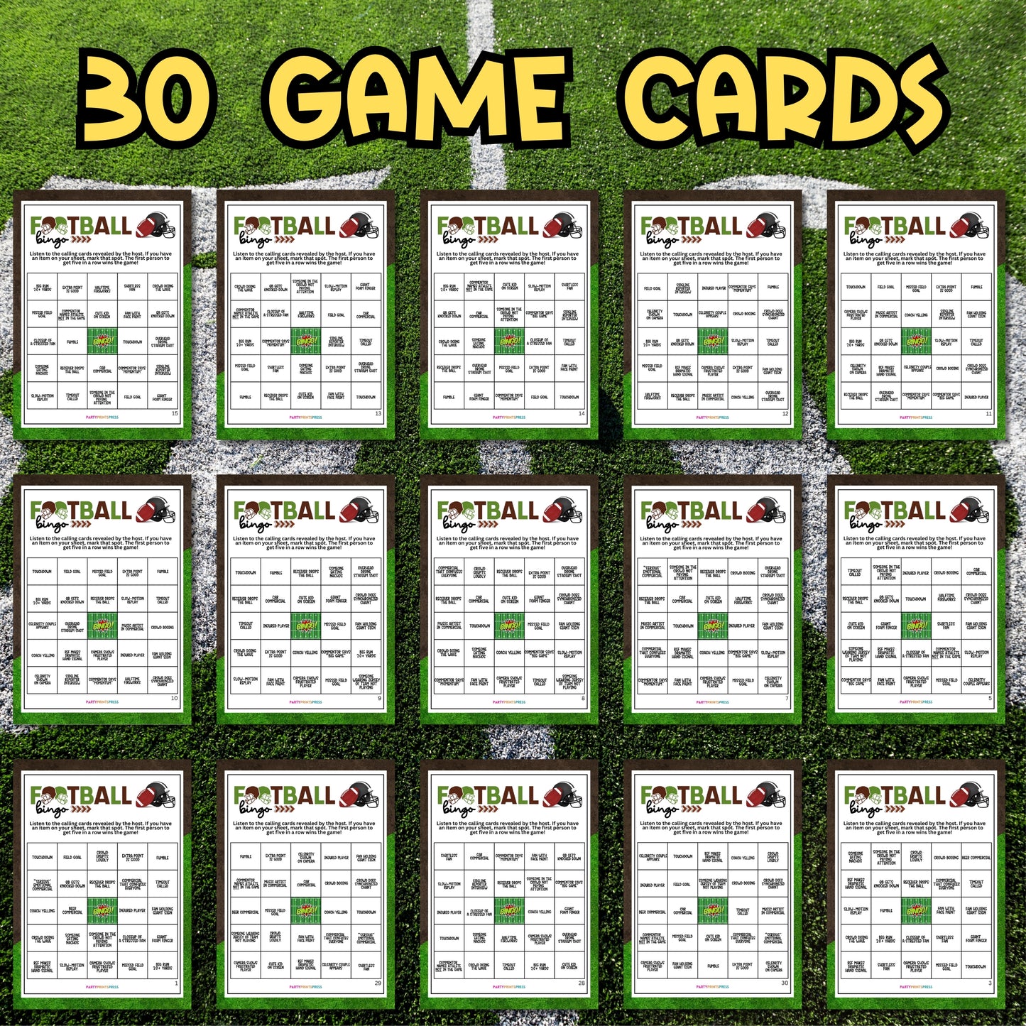 Multiple game cards on a grass background with '30 Game Cards' text at the top.