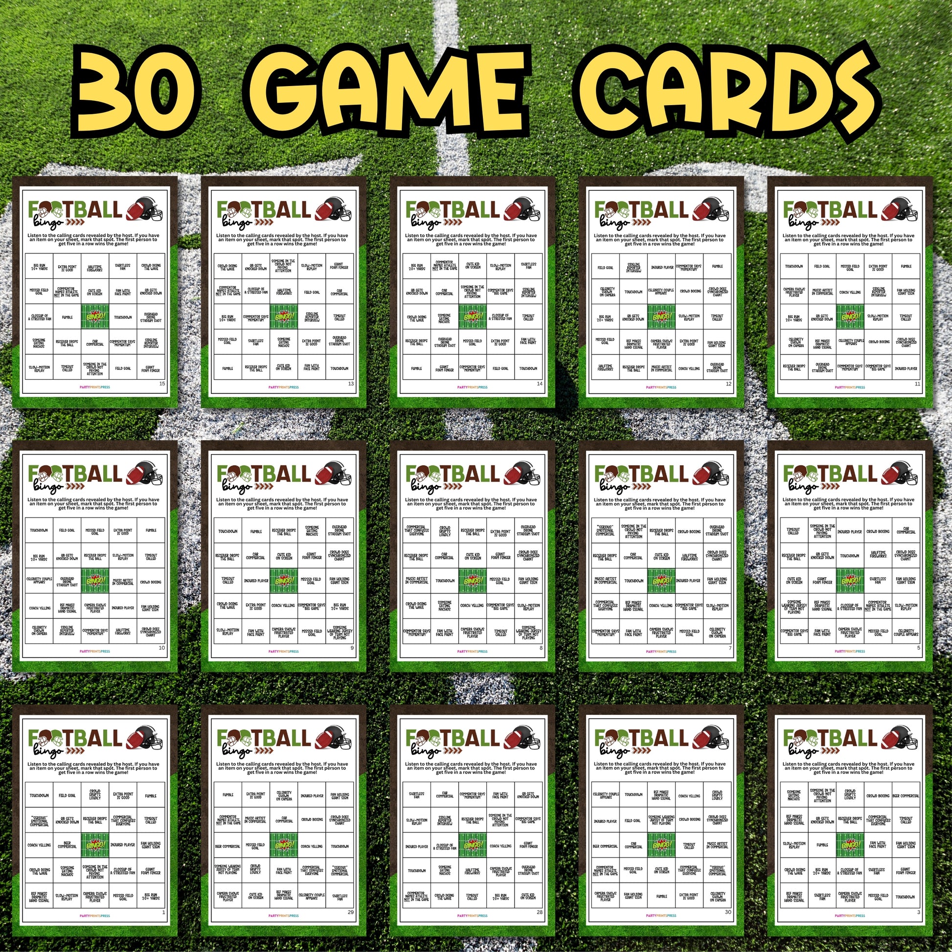 Multiple game cards on a grass background with '30 Game Cards' text at the top.