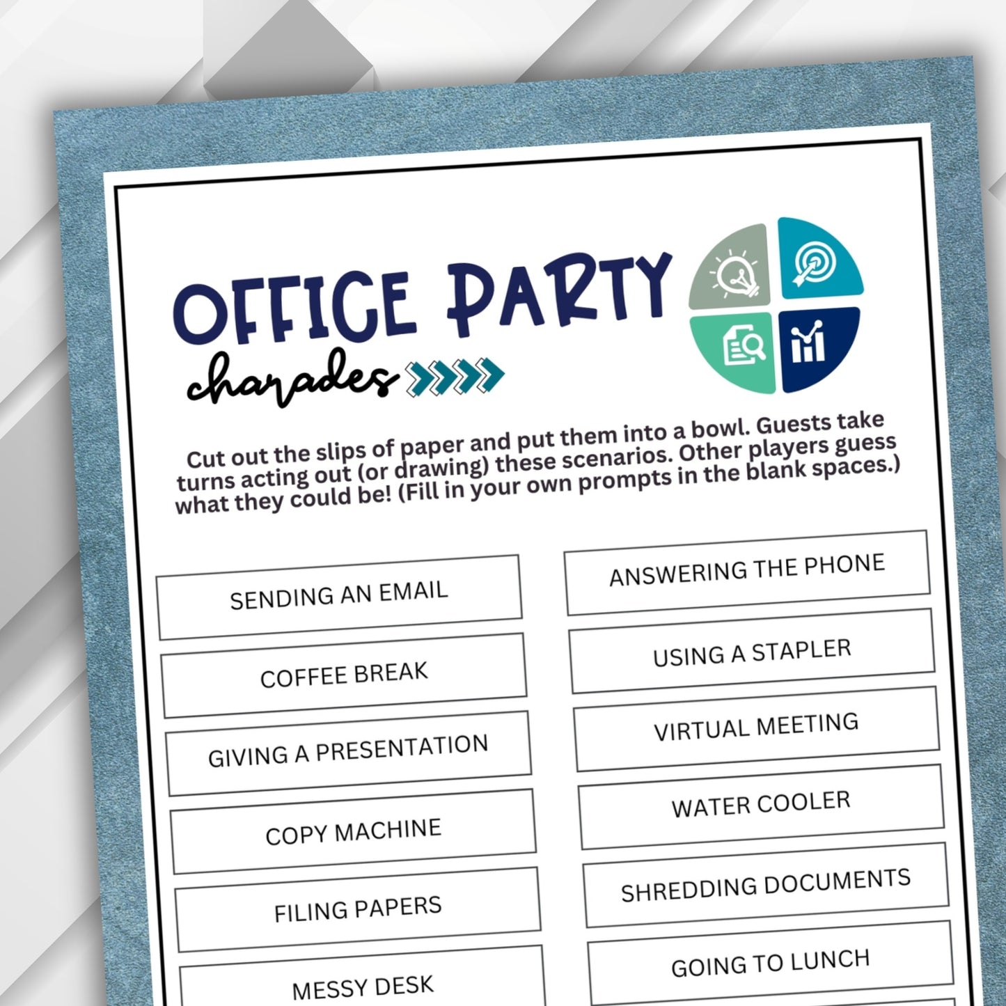 Are you looking for a fun activity to add some excitement to your office or work party? Look no further than this Office Charades game from Party Prints Press!