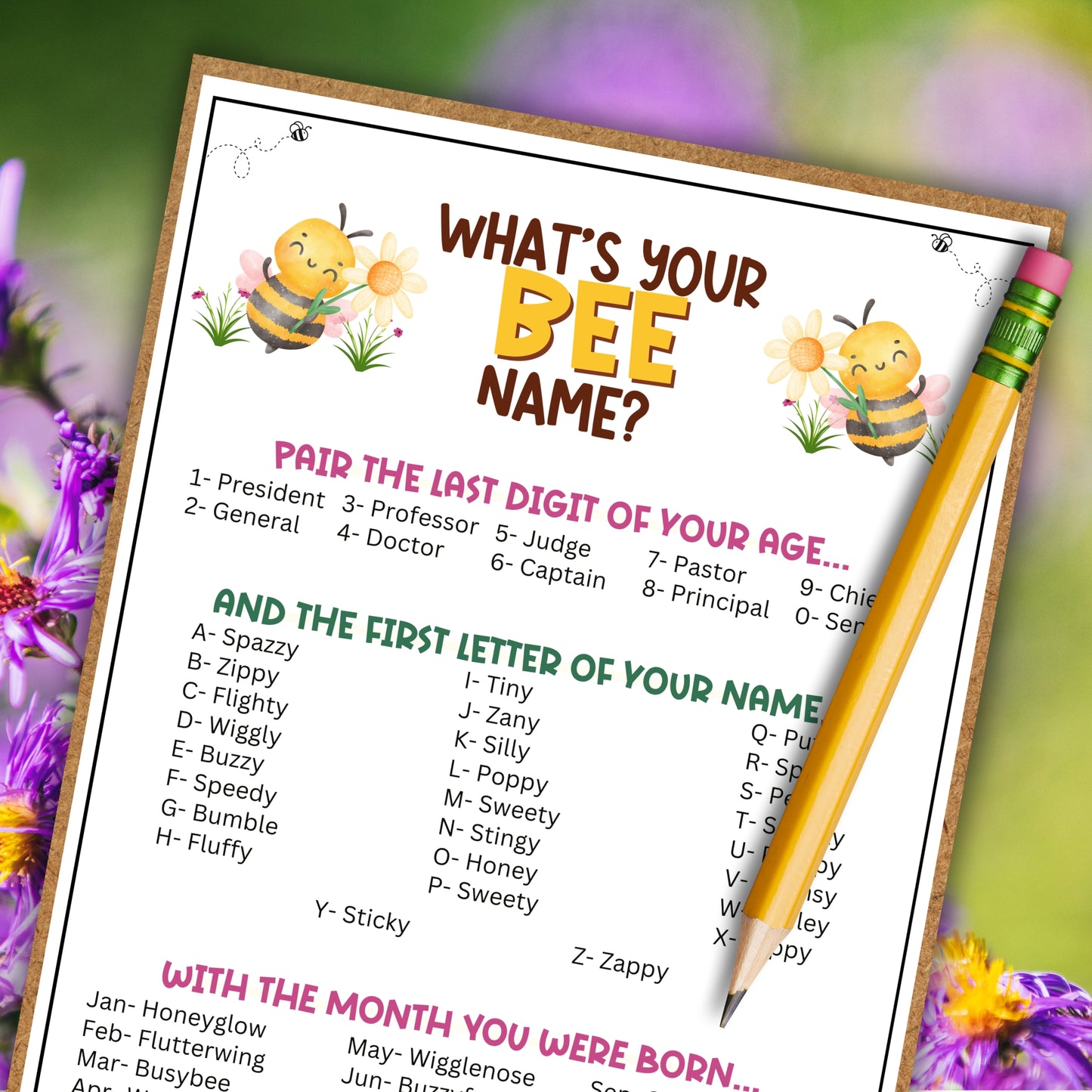 Whether you're celebrating your little one's 1st birthday party, hosting a baby shower, or need a cute and fun icebreaker party game to bring people together at a gender reveal, this "What's Your Bee Name" printable game from Party Prints Press is just what you need!