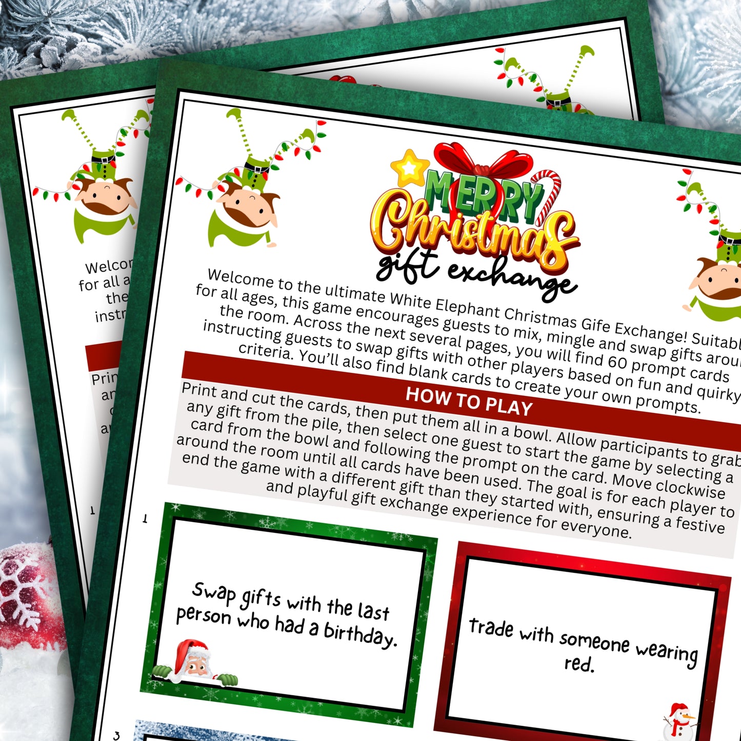 Bring the ultimate holiday fun to your next party with this White Elephant Gift Exchange Game! Perfect for office parties, family gatherings, or any festive occasion, this deck of printable cards will ensure a good time for all.