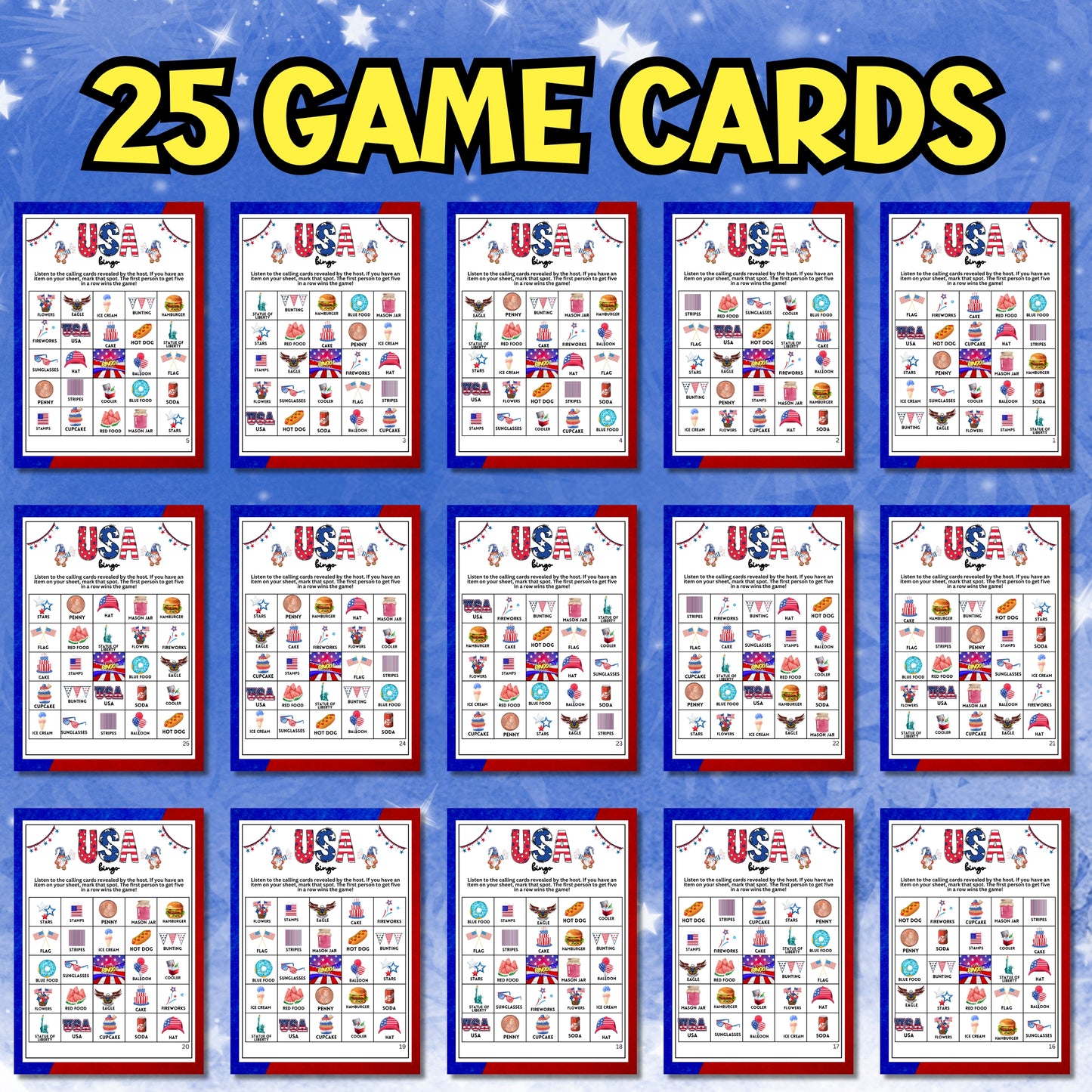 Patriotic BINGO Game - Fun for Labor Day, Memorial Day, Fourth of July, and More!  Looking for a festive, colorful, and fun activity for your patriotic celebrations, family gatherings, or community events? This delightful "Patriotic BINGO" game from Party Prints Press is just what you need!