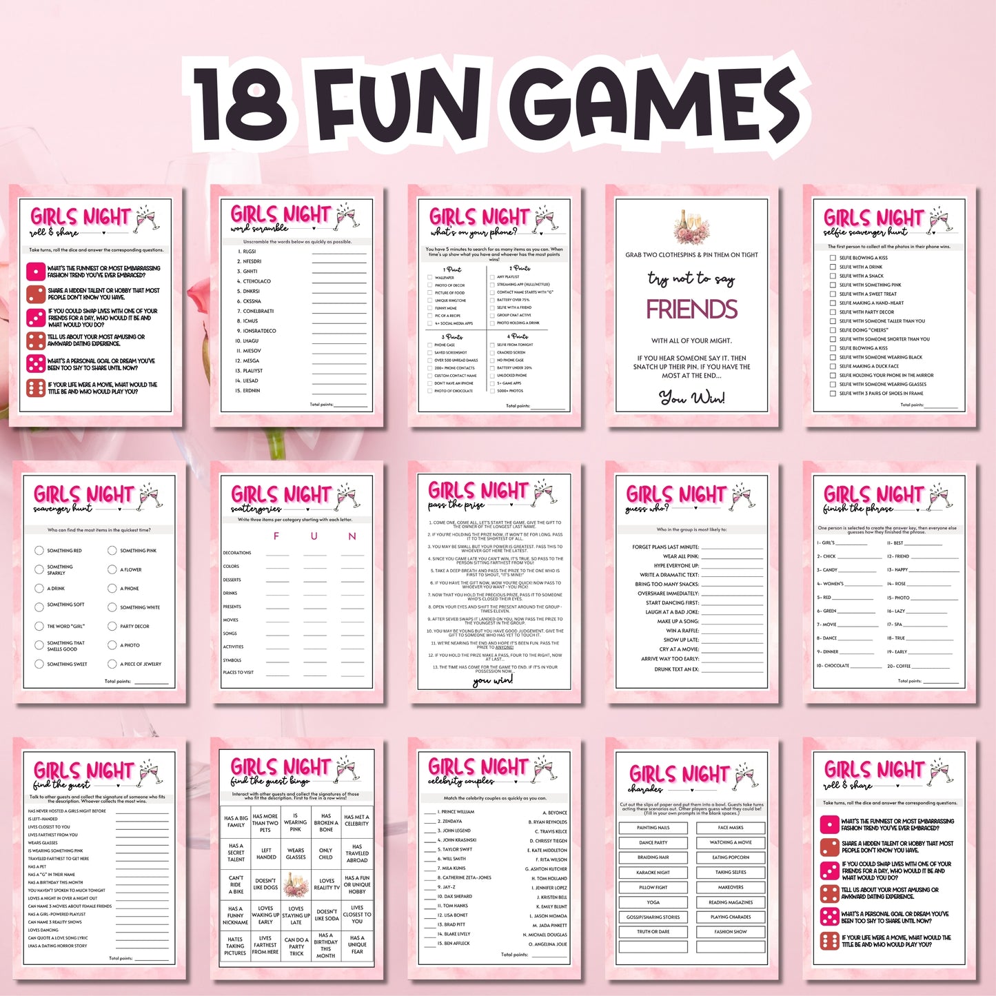 Collection of 'Girls Night' game cards on a pink background with text '18 Fun Games'.