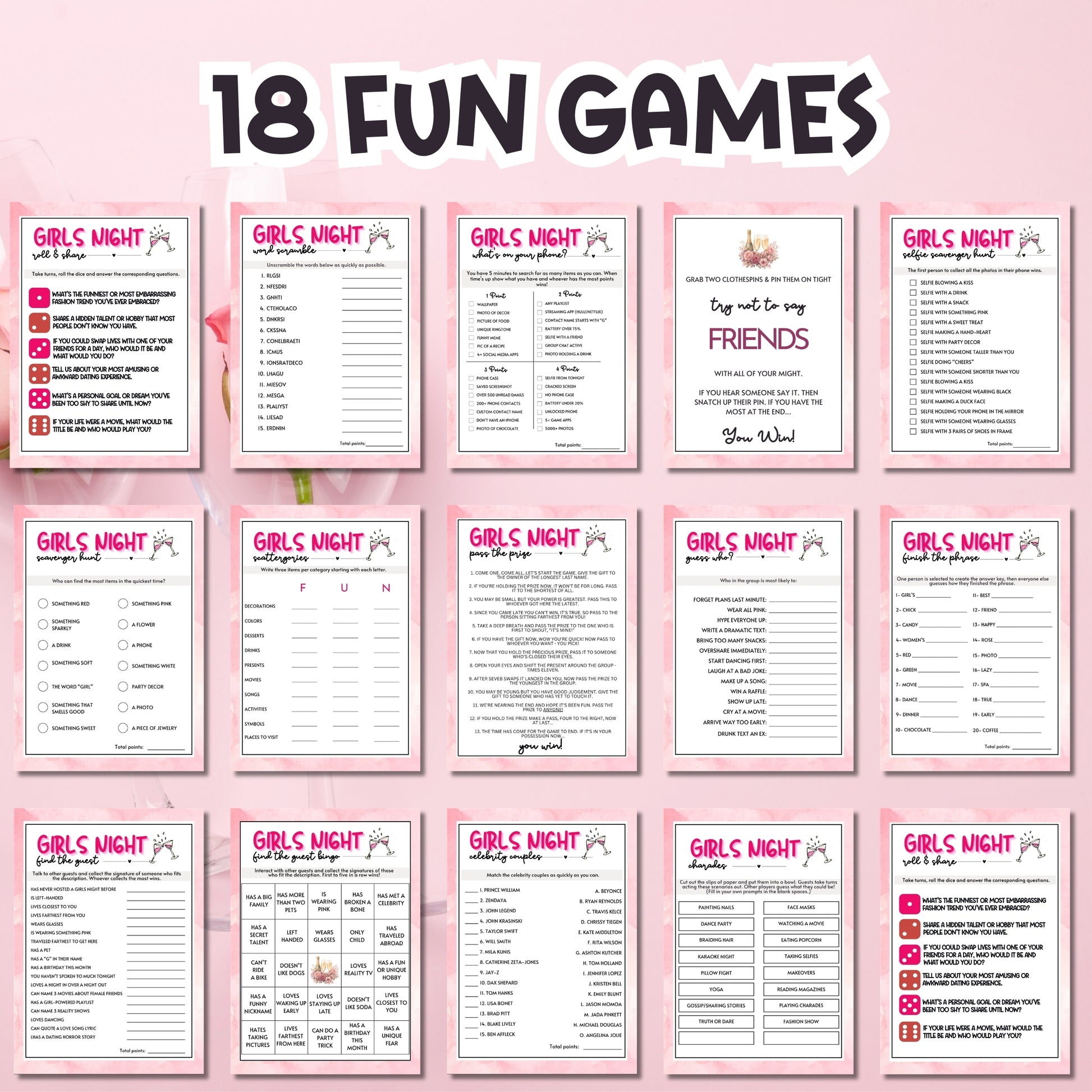 Collection of 'Girls Night' game cards on a pink background with text '18 Fun Games'.