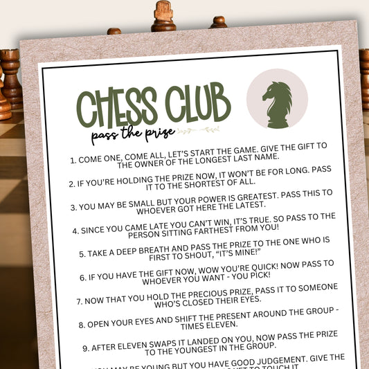 Are you seeking a fun and engaging activity to play with your friends or group members at your next chess club meetup, party, or gathering?  Whether you've got kids, teens, adults, and even seniors in your gathering or group, this fun Pass The Prize game from Party Prints Press is just what you need!  This game is a simple poem that you can read aloud to participants or print out a copy for each to read along!