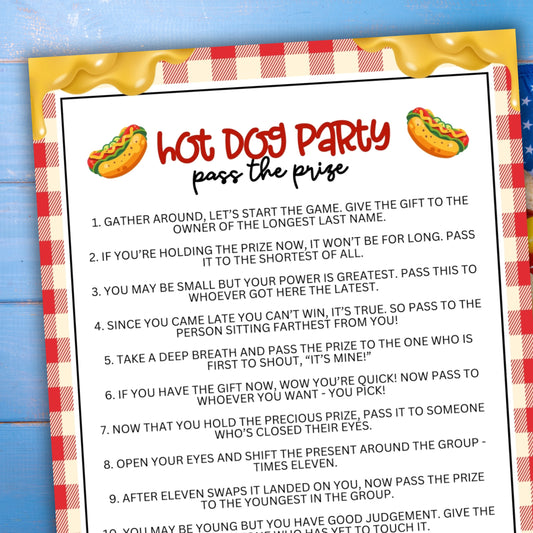 Are you seeking a fun and engaging activity to play with friends, family, coworkers, or other acquaintances at a hot dog-themed party this summer? Perhaps you want to celebrate National HotDog Day with foodie fun?!  Whether you've got kids, teens, adults, and even seniors in your gathering or group, this fun Pass The Prize game from Party Prints Press is just what you need!