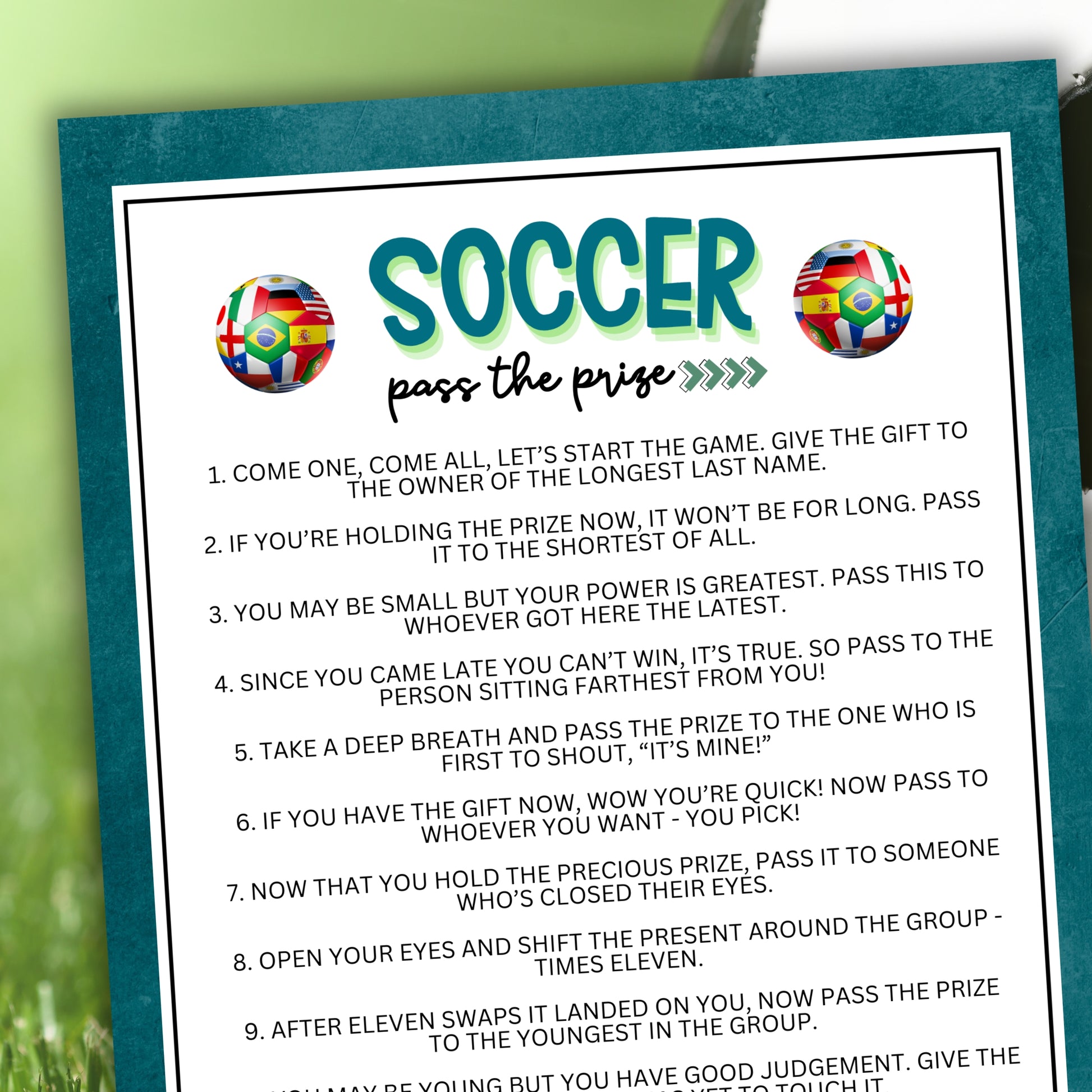 Are you seeking a fun and engaging activity to foster interaction and create a lively atmosphere at your soccer-themed celebration, soccer tournament, sports event, birthday party, or other soccer-related get-together?  Whether you've got kids, teens, adults, and even seniors in your gathering or group, this fun Pass The Prize game from Party Prints Press is just what you need!&nbsp;