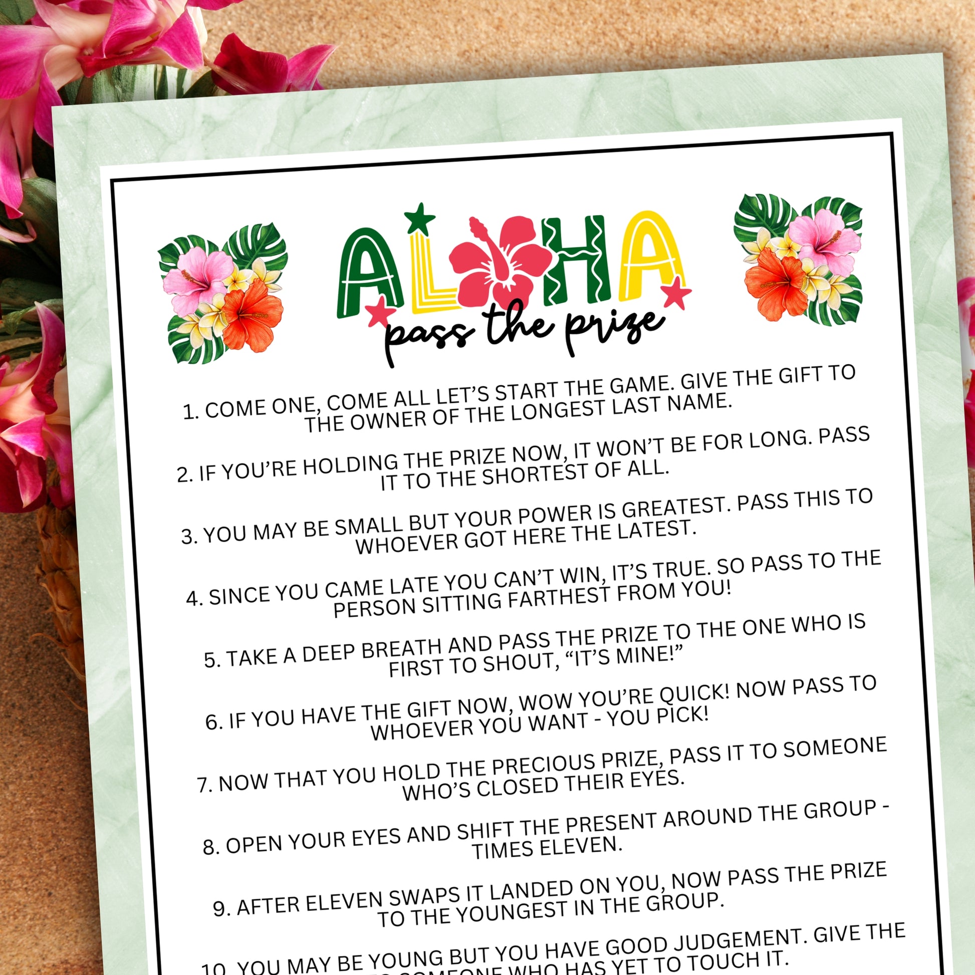 Are you seeking a fun and engaging activity to encourage guests to mix and mingle at your Hawaiian-themed Aloha event, tiki party, beach vacation, luau, birthday party, bachelorette or engagement party, or other fun summer gathering?   Whether you've got kids, teens, adults, and even seniors in your gathering or group, this fun Pass The Prize game from Party Prints Press is just what you need!&nbsp;