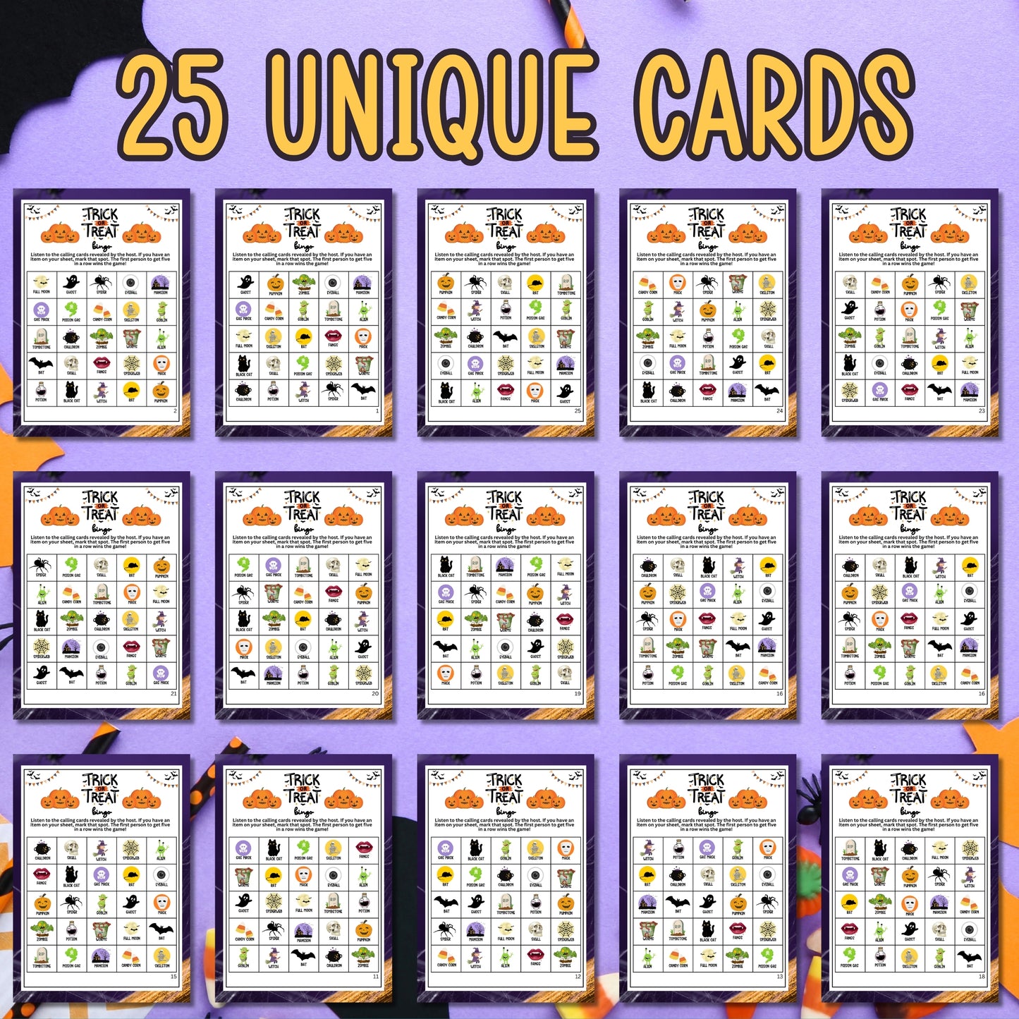 Halloween Trick or Treat Bingo Game - Spooky Fun for Parties, Classrooms, and More!  Looking for a spooktacular, colorful, and fun activity for Halloween parties, classrooms, and community events? This adorable "Halloween Trick or Treat" Bingo game from Party Prints Press is just what you need!  This printable game is perfect for all ages, and will keep everyone relaxed, entertained, and in the spooky spirit of Halloween.  Why you'll love this game...