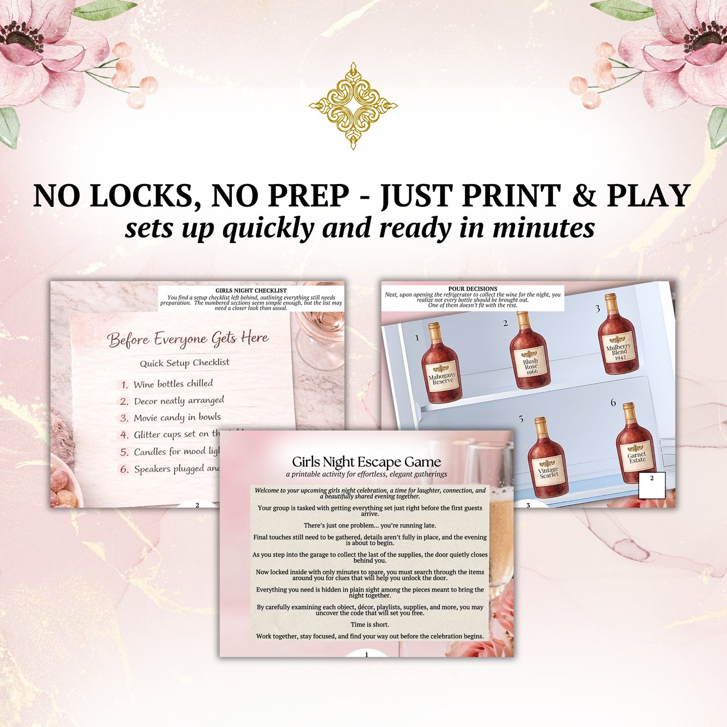 Printable girls night escape game with setup instructions on a decorative background with flowers.