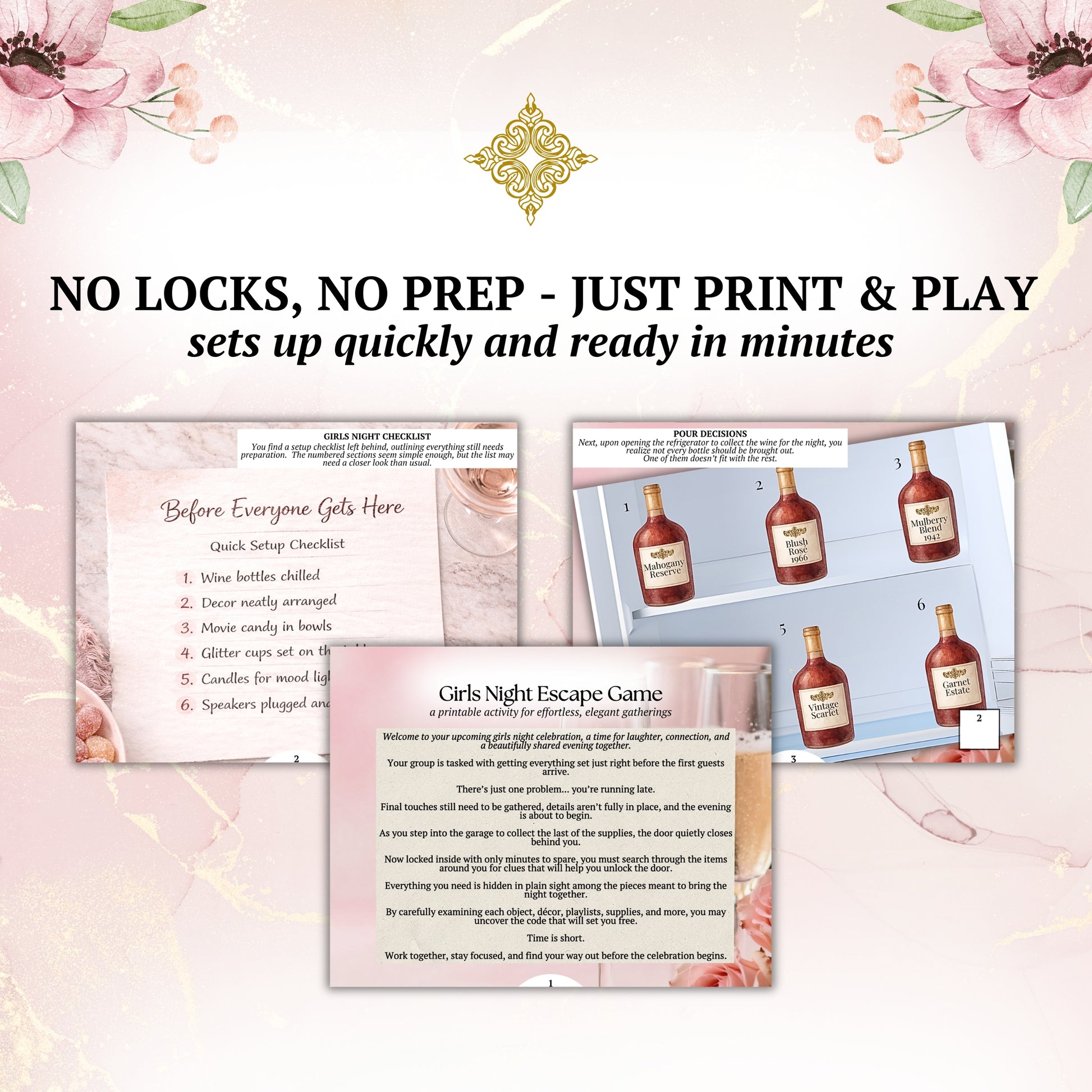 Printable girls night escape game with setup instructions on a decorative background with flowers.
