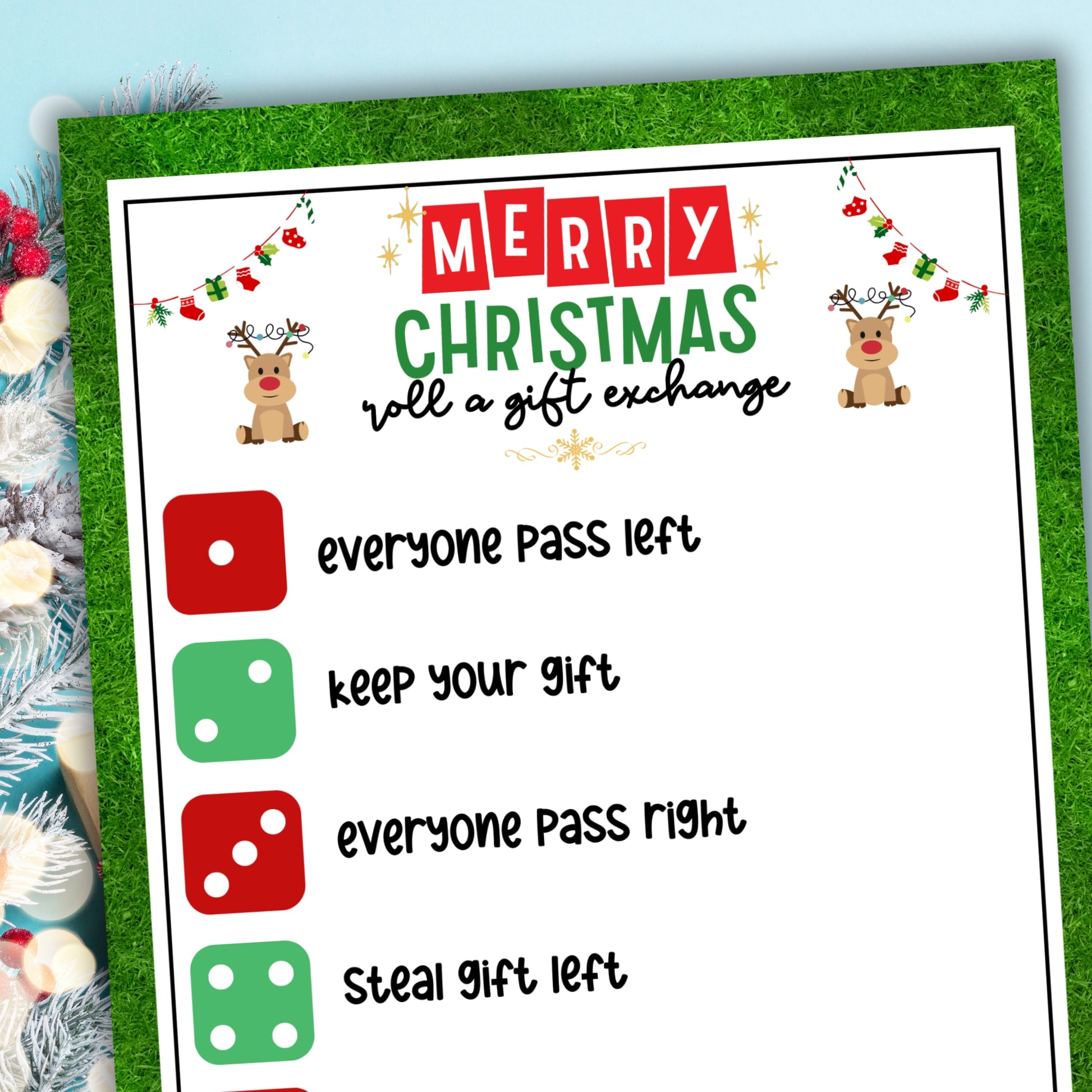 Merry Christmas Roll A Dice White Elephant Gift Exchange Game Printable worksheets overlaid on a light blue background