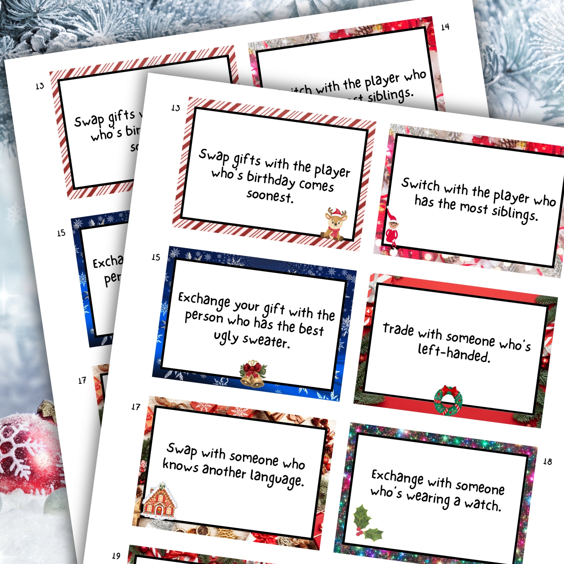 Bring the ultimate holiday fun to your next party with this White Elephant Gift Exchange Game! Perfect for office parties, family gatherings, or any festive occasion, this deck of printable cards will ensure a good time for all.