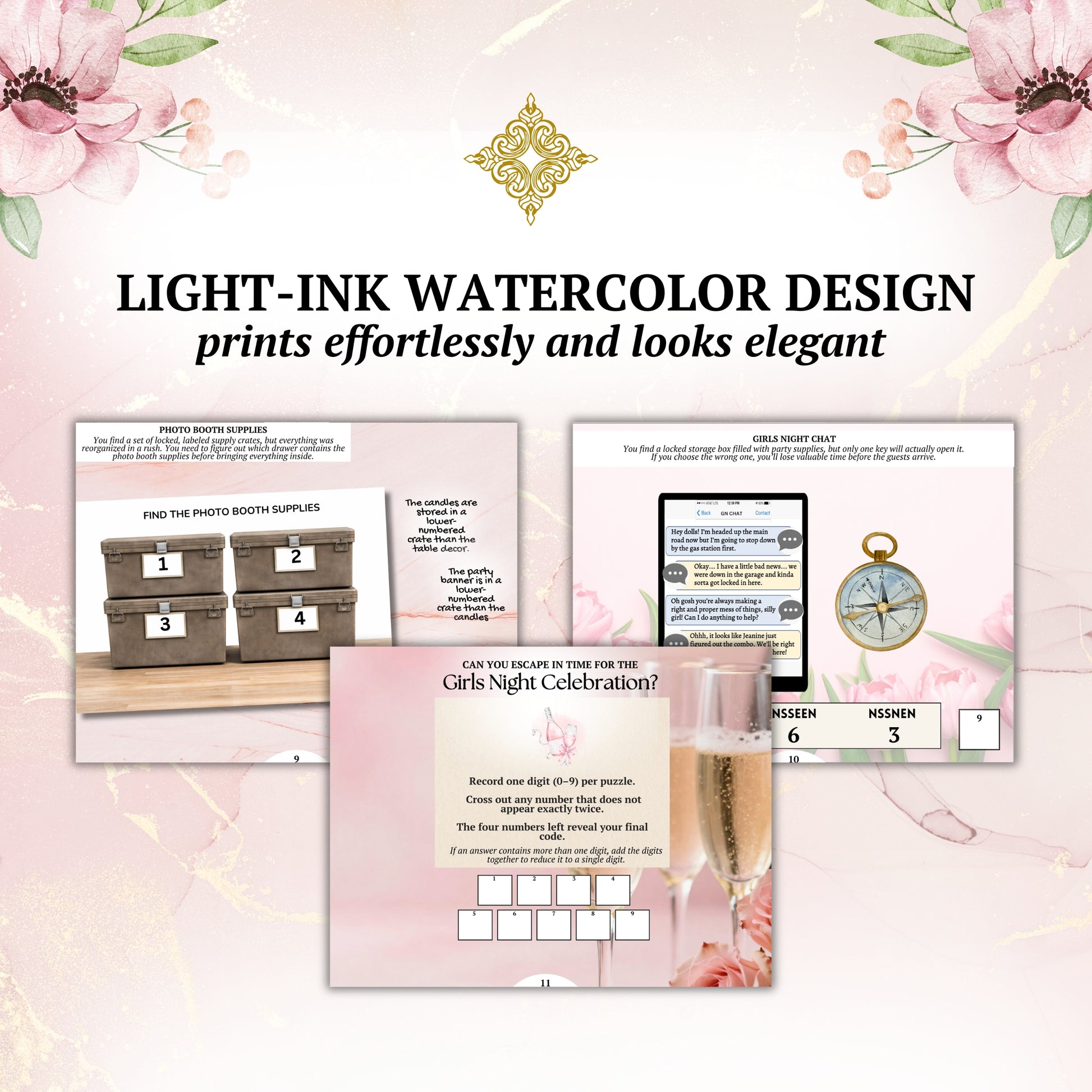 Light-ink watercolor design with floral elements and printables on a decorative background