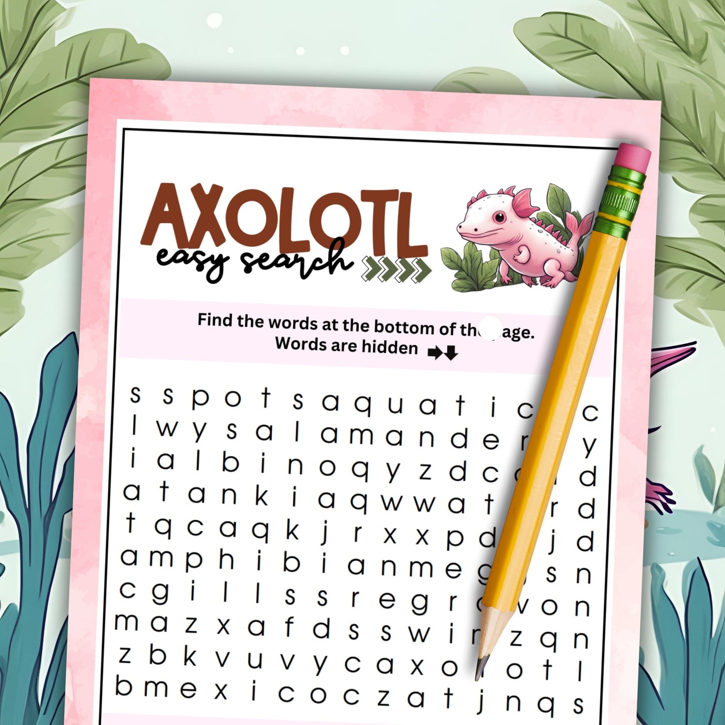 Dive into the fascinating world of axolotls with this specially designed dual-word search pack, perfect for enthusiasts of all ages at your next gathering!