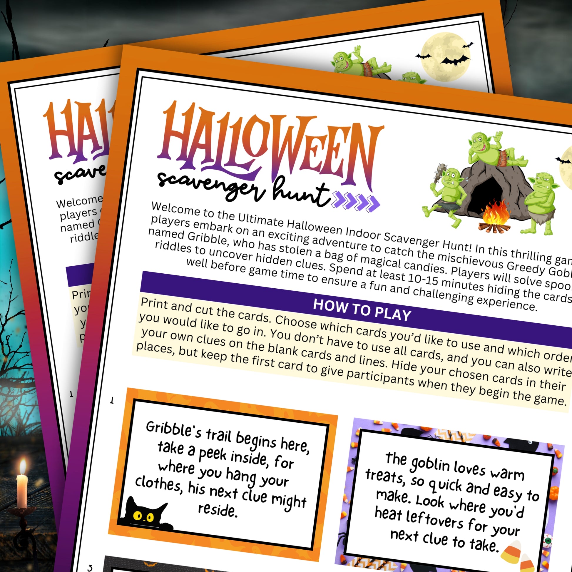 Whether you're hosting a Halloween party, a fundraiser event, or need a classroom resource for teachers, this Halloween Scavenger Hunt is just what you need.  Designed with tweens in mind, younger children can also join in on the fun with some assistance. This interactive game leads players on a thrilling adventure to catch the mischievous, Greedy Goblin named Gribble, who has stolen a bag of magical candies. Players solve spooky riddles to uncover hidden clues and reclaim the stolen treasure.