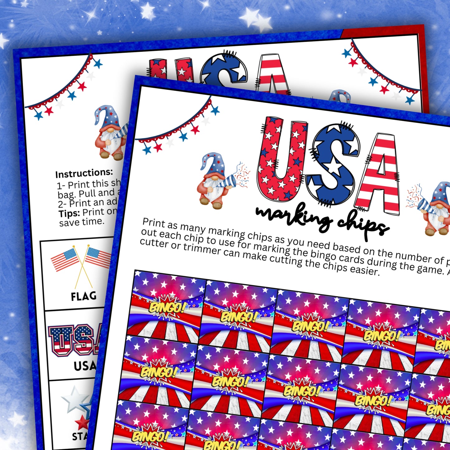 Patriotic BINGO Game - Fun for Labor Day, Memorial Day, Fourth of July, and More!  Looking for a festive, colorful, and fun activity for your patriotic celebrations, family gatherings, or community events? This delightful "Patriotic BINGO" game from Party Prints Press is just what you need!