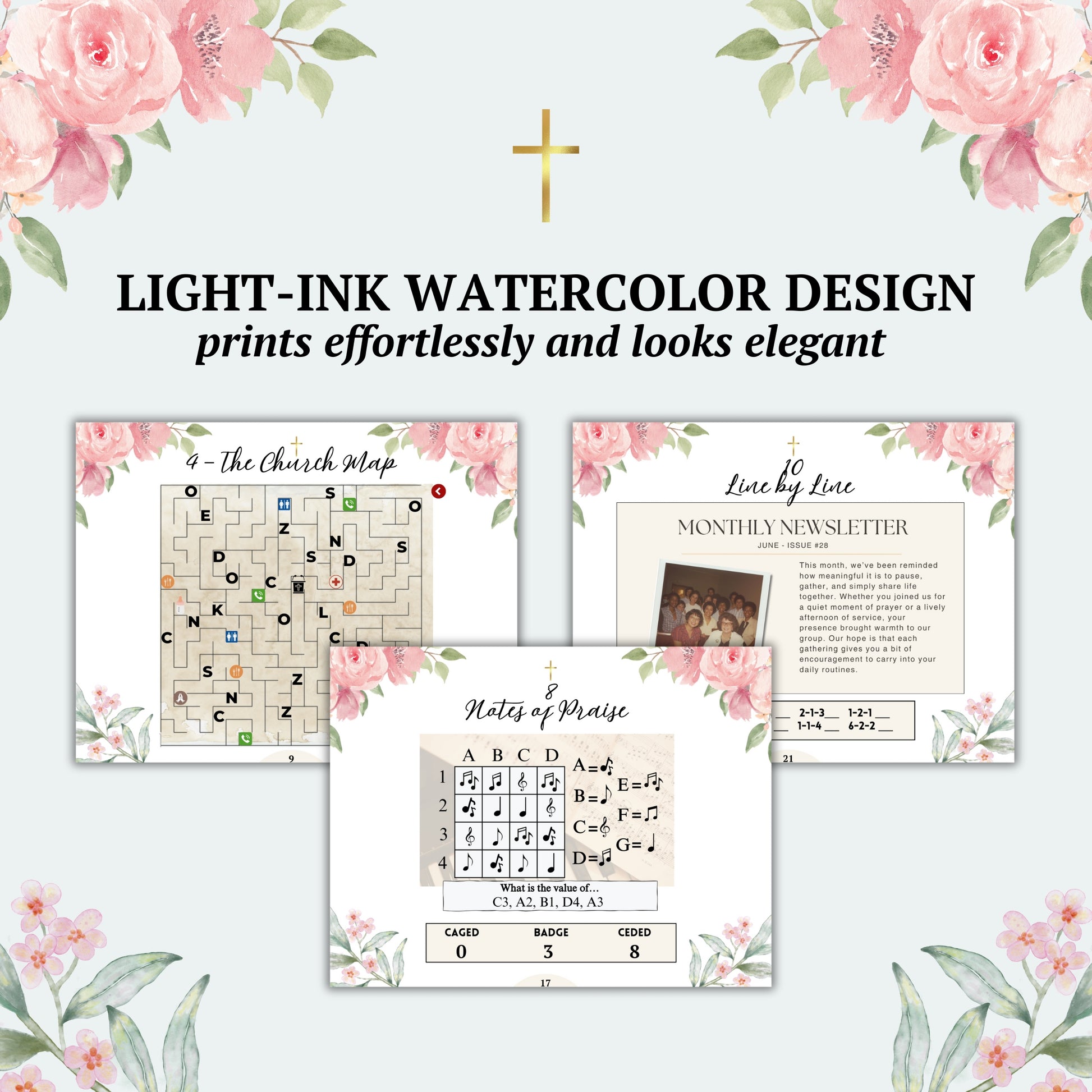 Light-ink watercolor design with floral elements and text on a white background