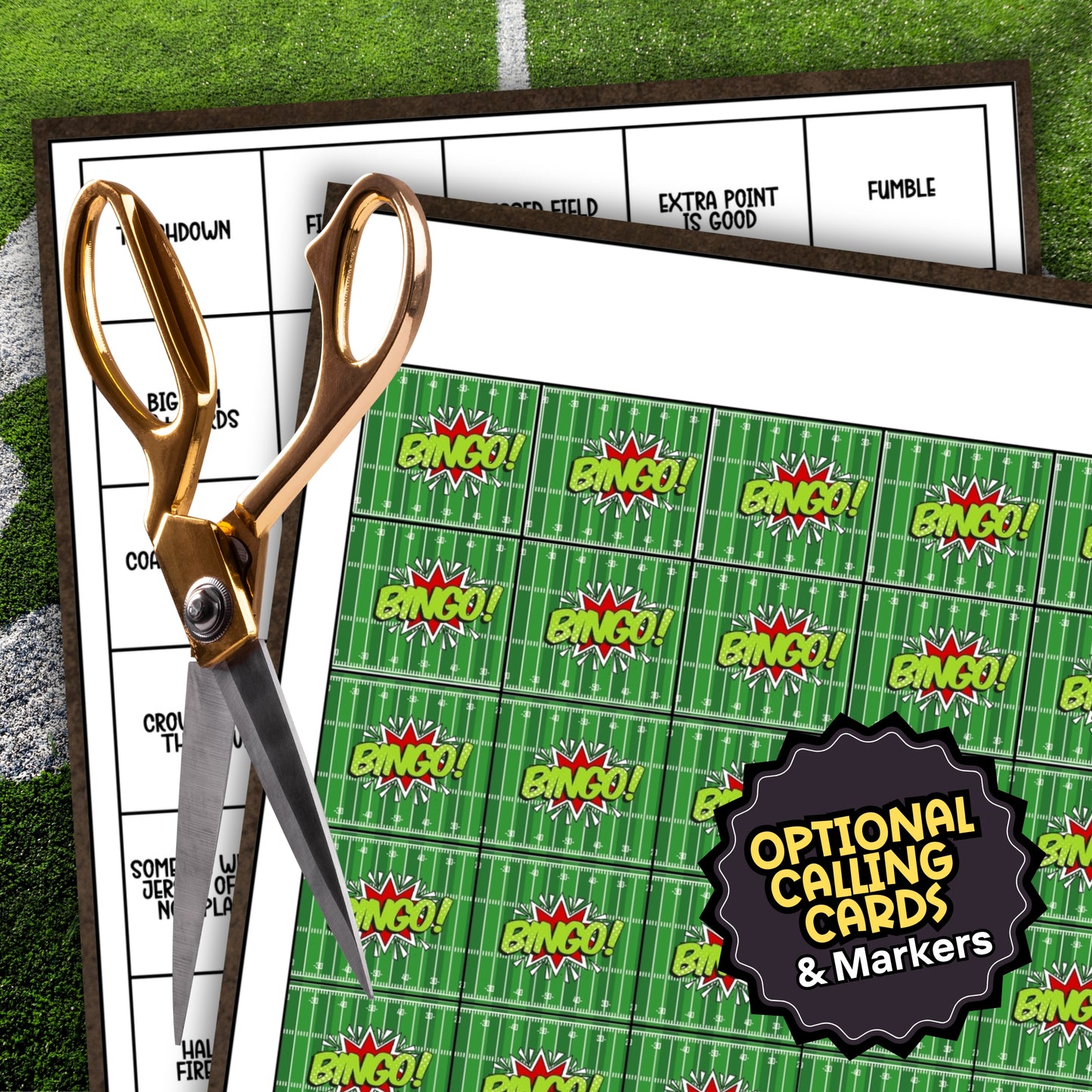 Football-themed bingo cards with 'Bingo!' text, scissors, and calling cards on a grassy background.