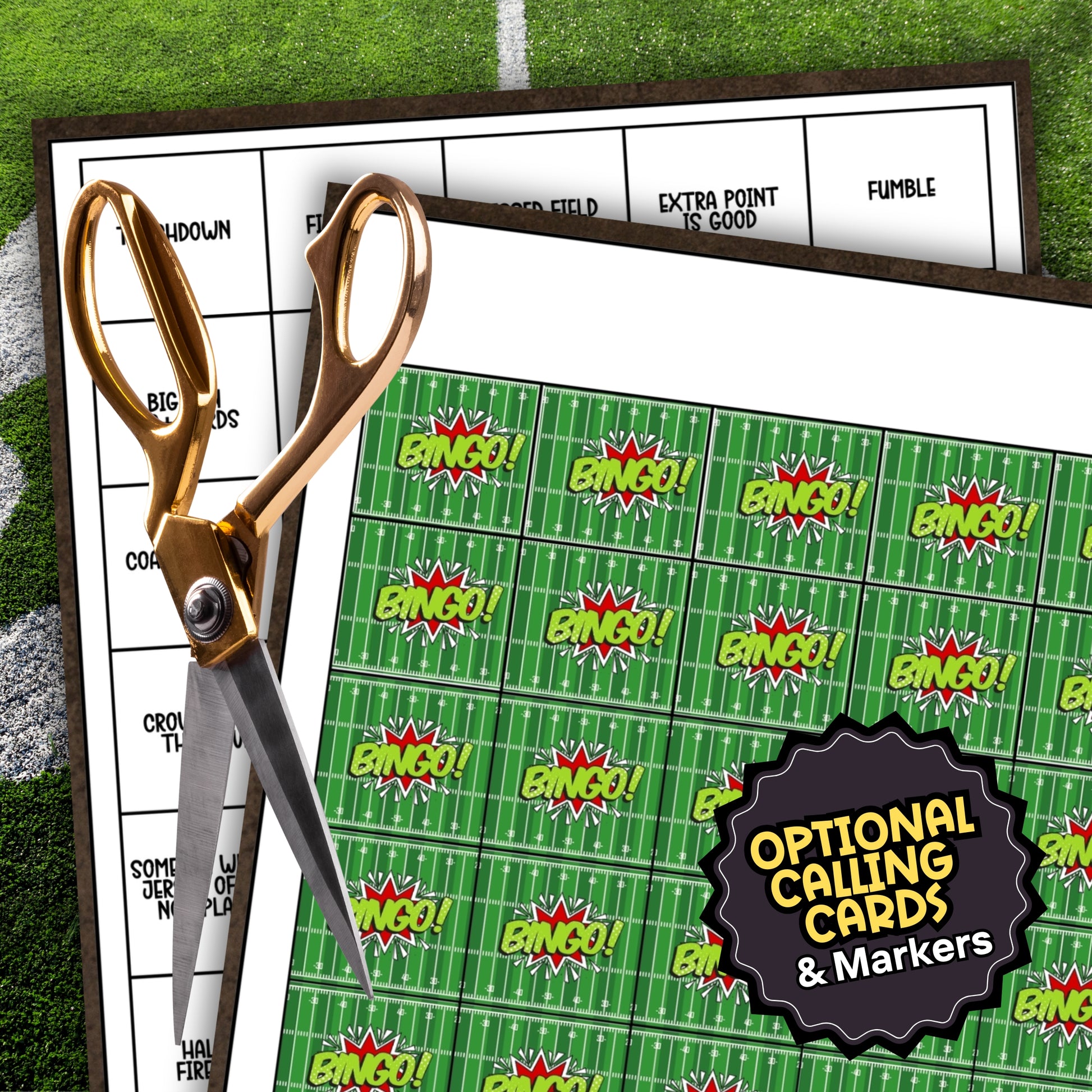 Football-themed bingo cards with 'Bingo!' text, scissors, and calling cards on a grassy background.