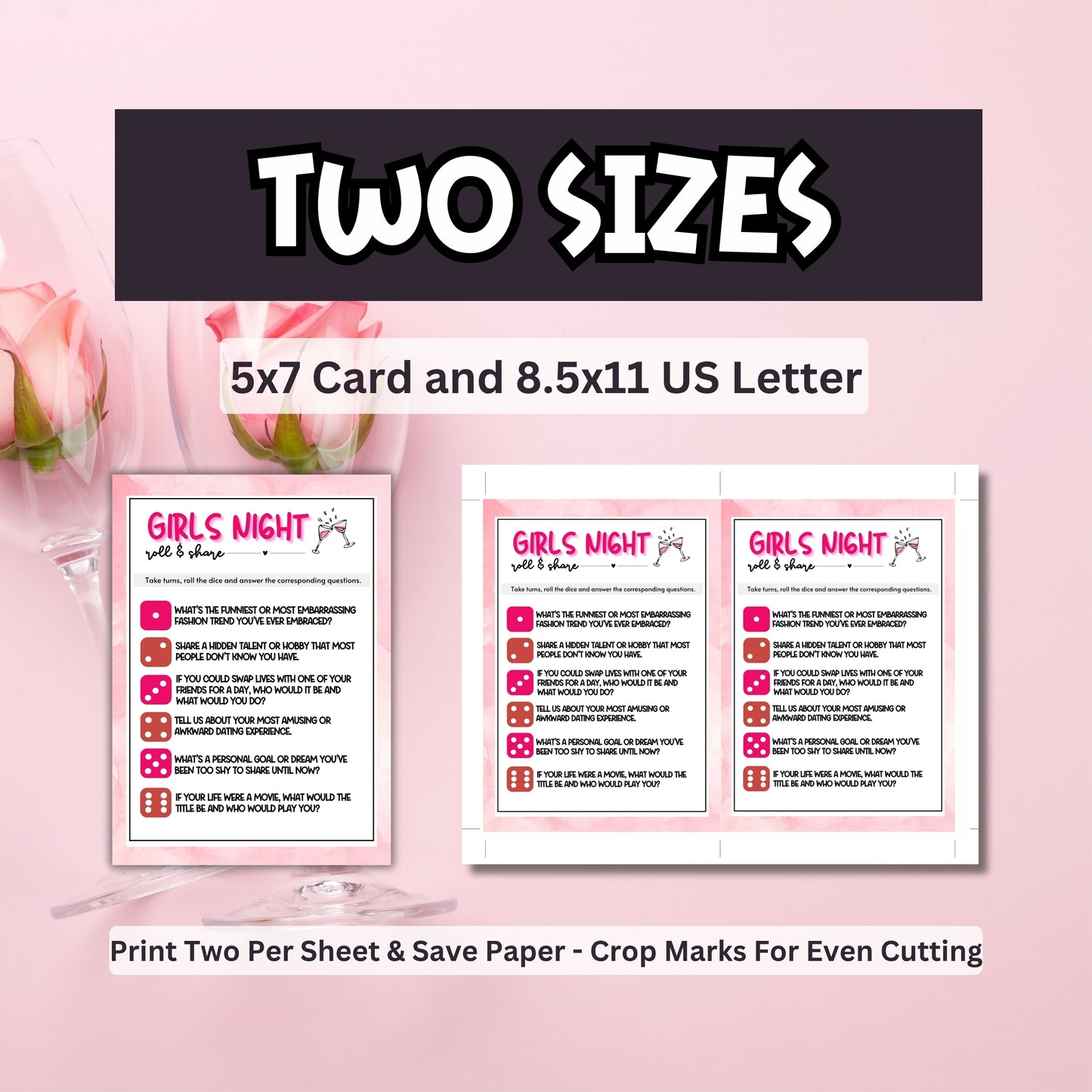 Two 'Girls Night' printables on a pink background with text indicating two sizes available.