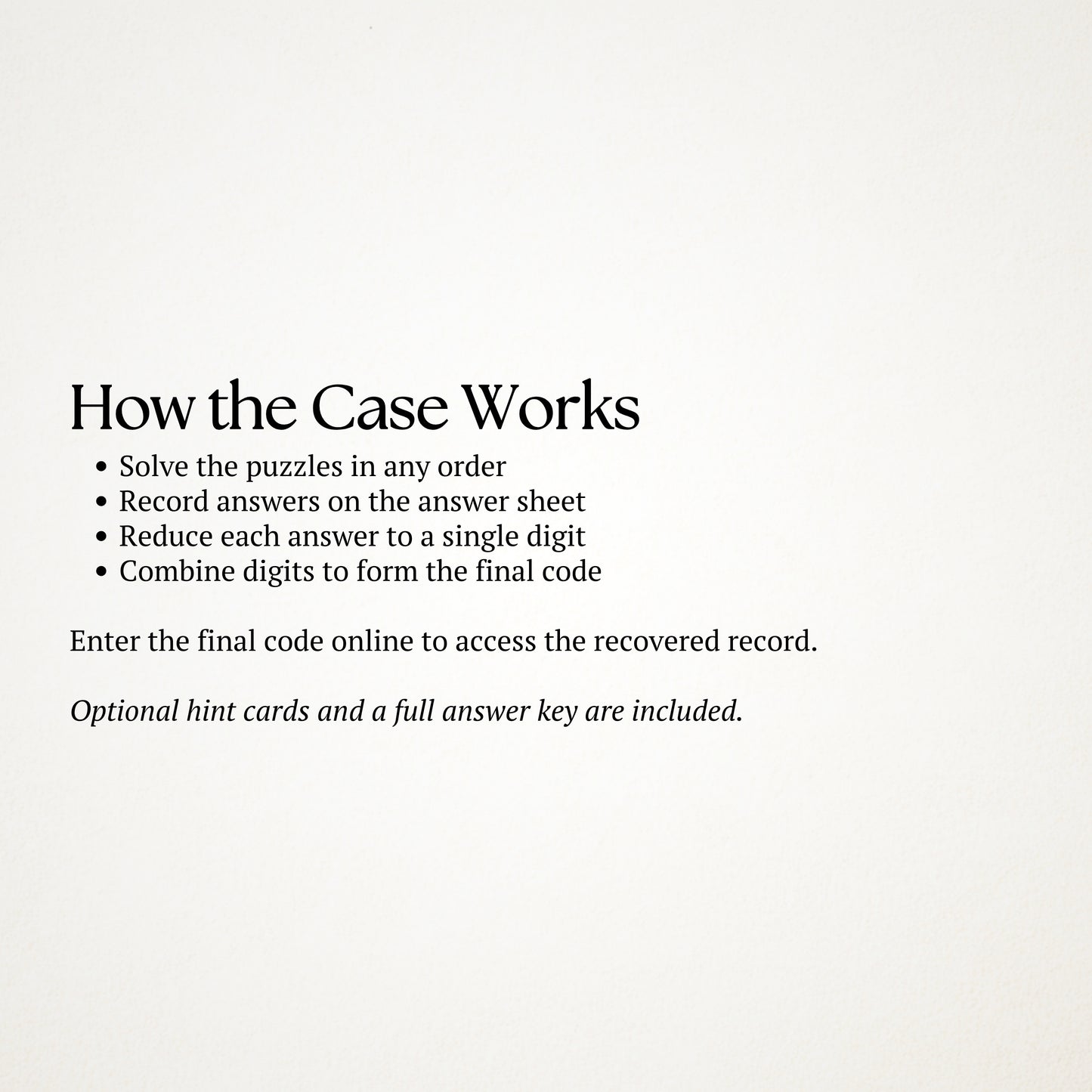 Text explaining how a puzzle case works on a white background