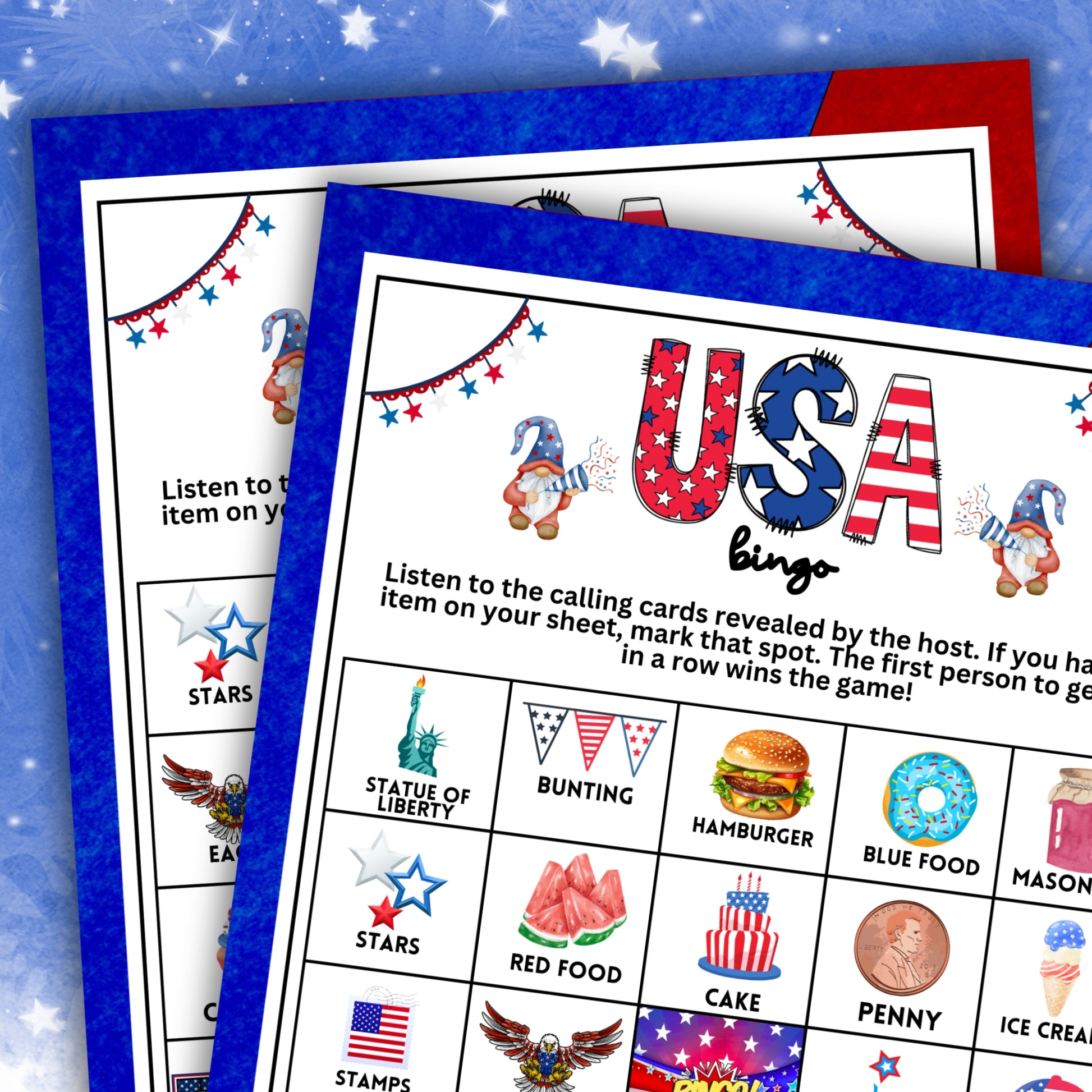 Patriotic BINGO Game - Fun for Labor Day, Memorial Day, Fourth of July, and More!  Looking for a festive, colorful, and fun activity for your patriotic celebrations, family gatherings, or community events? This delightful "Patriotic BINGO" game from Party Prints Press is just what you need!