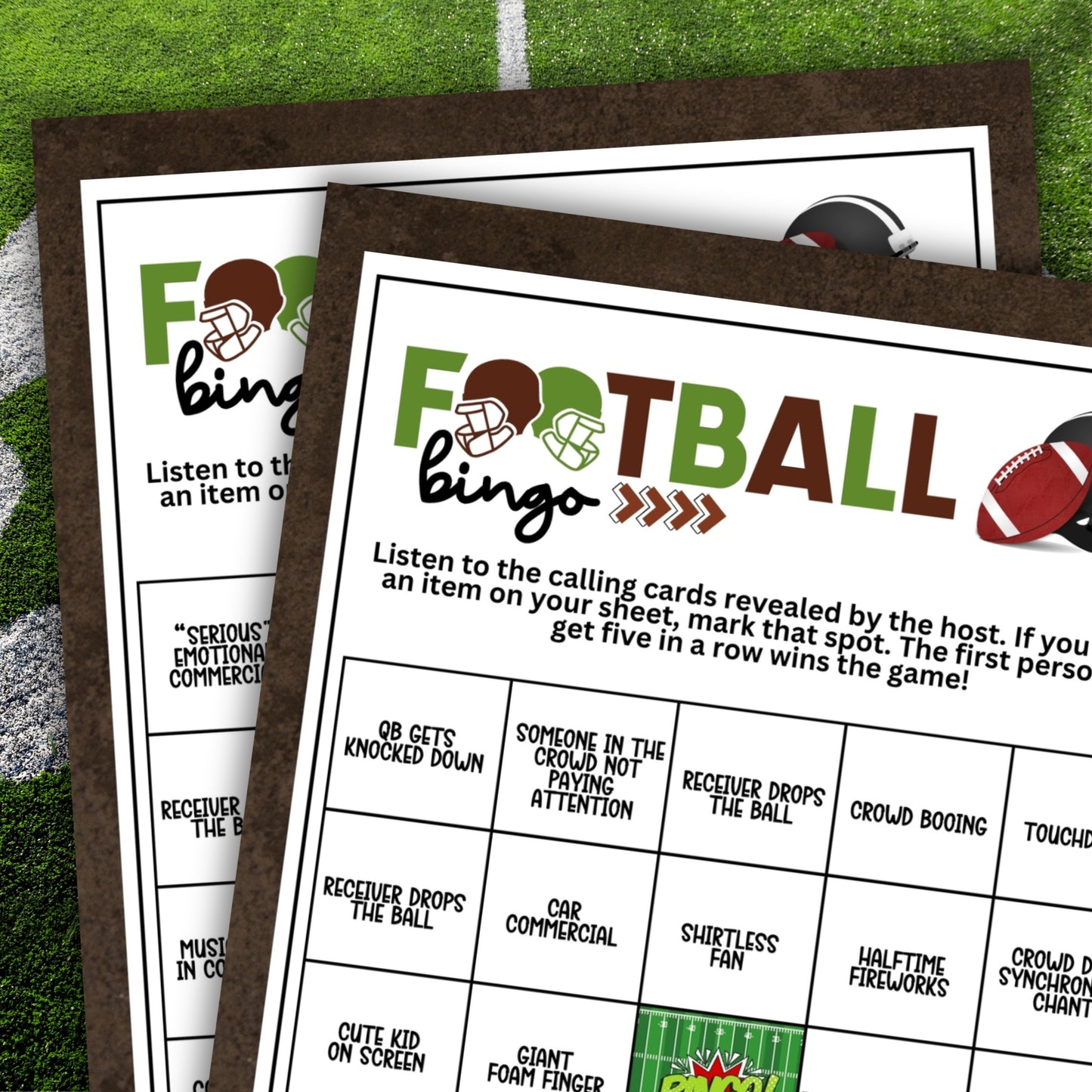 Two sheets of football bingo game on a grass background