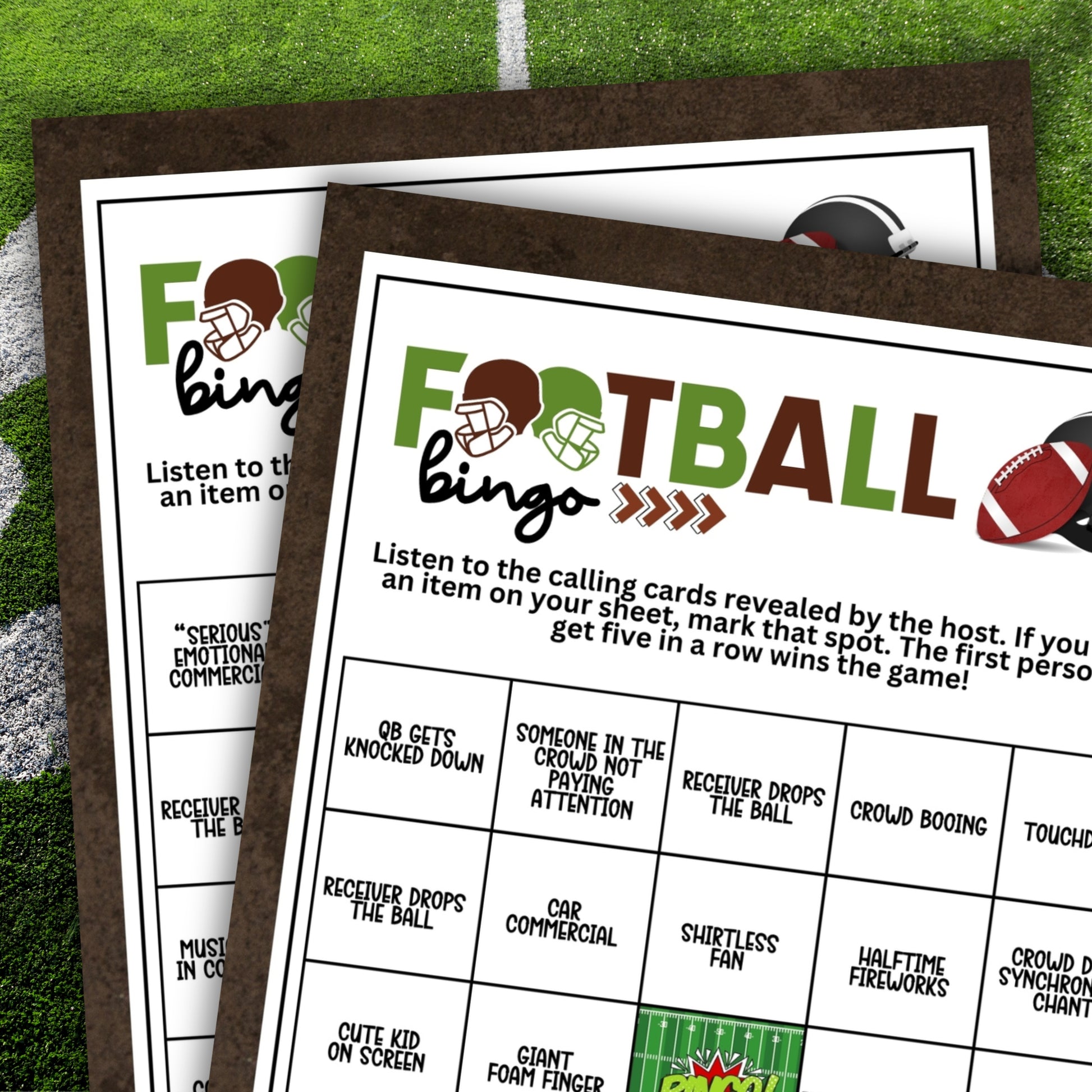 Two sheets of football bingo game on a grass background