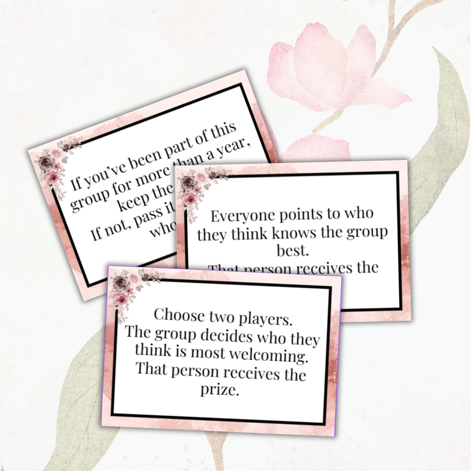 Three game cards with text instructions on a floral background