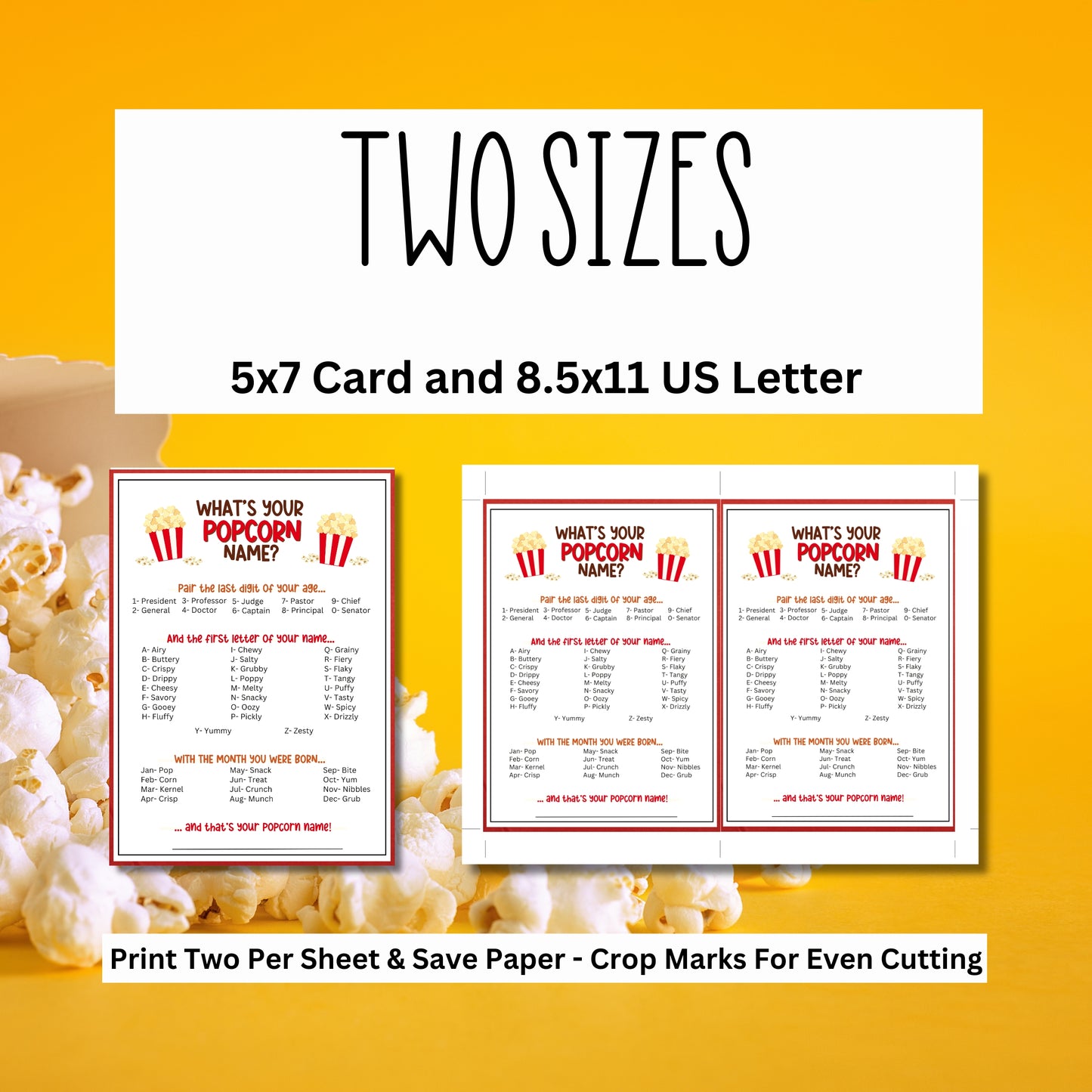 Whether you're hosting a popcorn tasting at a baby shower, setting up a popcorn bar for National Popcorn Day, or just want to add some fun to your office party or fundraiser, the "What's Your Popcorn Name" game from Party Prints Press is the perfect treat!  Ideal for popcorn lovers of all ages, this printable activity is super easy to play.  Guests select key components of their age, name, and birth month, combine the results, and discover their "Popcorn Name!"