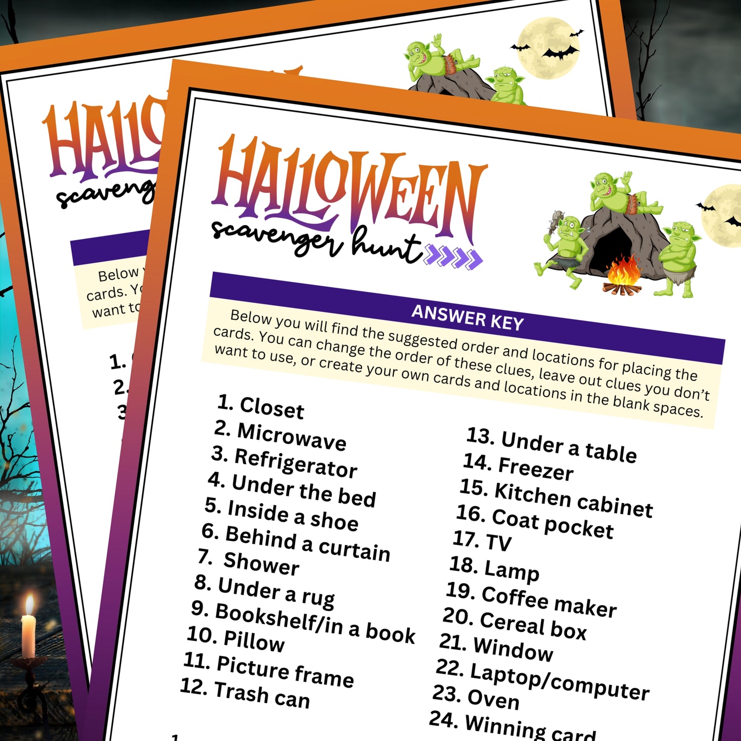 Whether you're hosting a Halloween party, a fundraiser event, or need a classroom resource for teachers, this Halloween Scavenger Hunt is just what you need.  Designed with tweens in mind, younger children can also join in on the fun with some assistance. This interactive game leads players on a thrilling adventure to catch the mischievous, Greedy Goblin named Gribble, who has stolen a bag of magical candies. Players solve spooky riddles to uncover hidden clues and reclaim the stolen treasure.