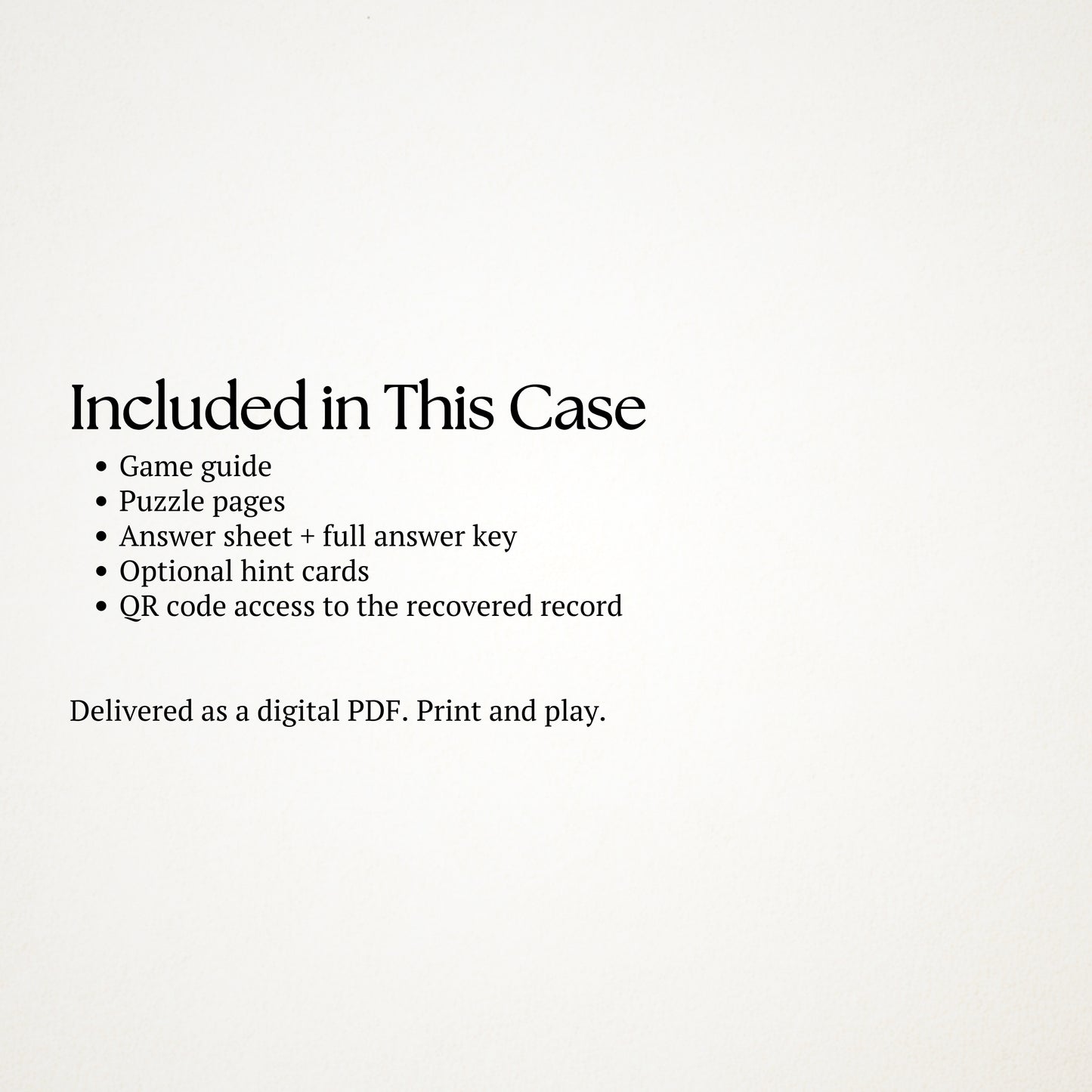 Text list of items included in a case on a white background
